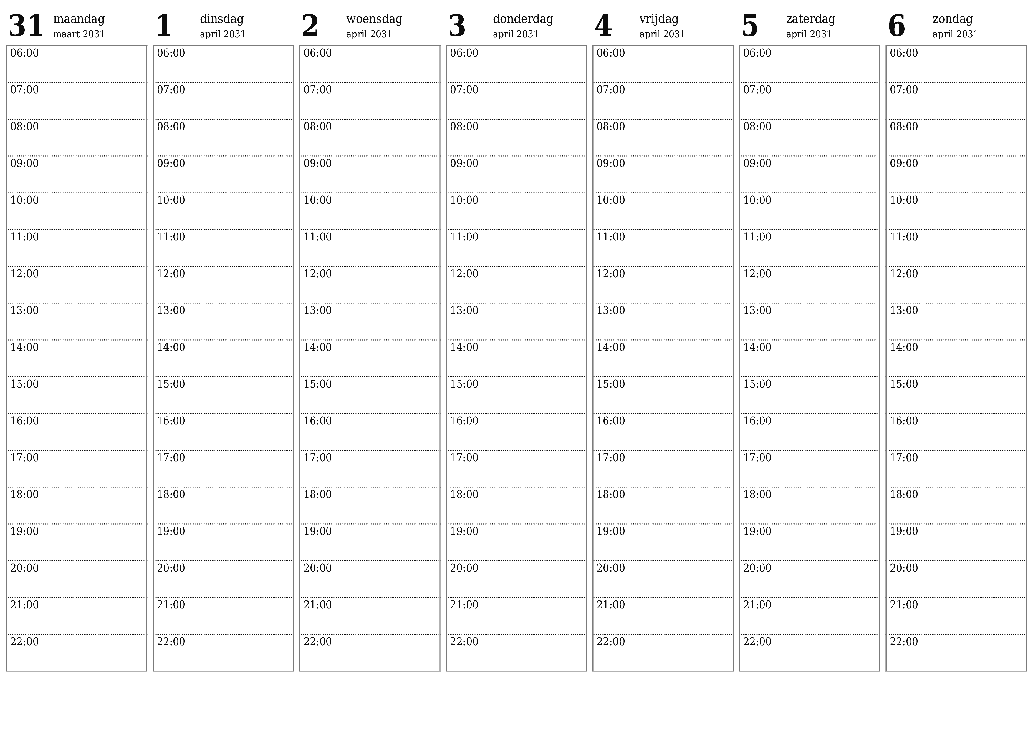 Lege weekplanner voor weken april 2031 met notities, opslaan en afdrukken naar pdf PNG Dutch