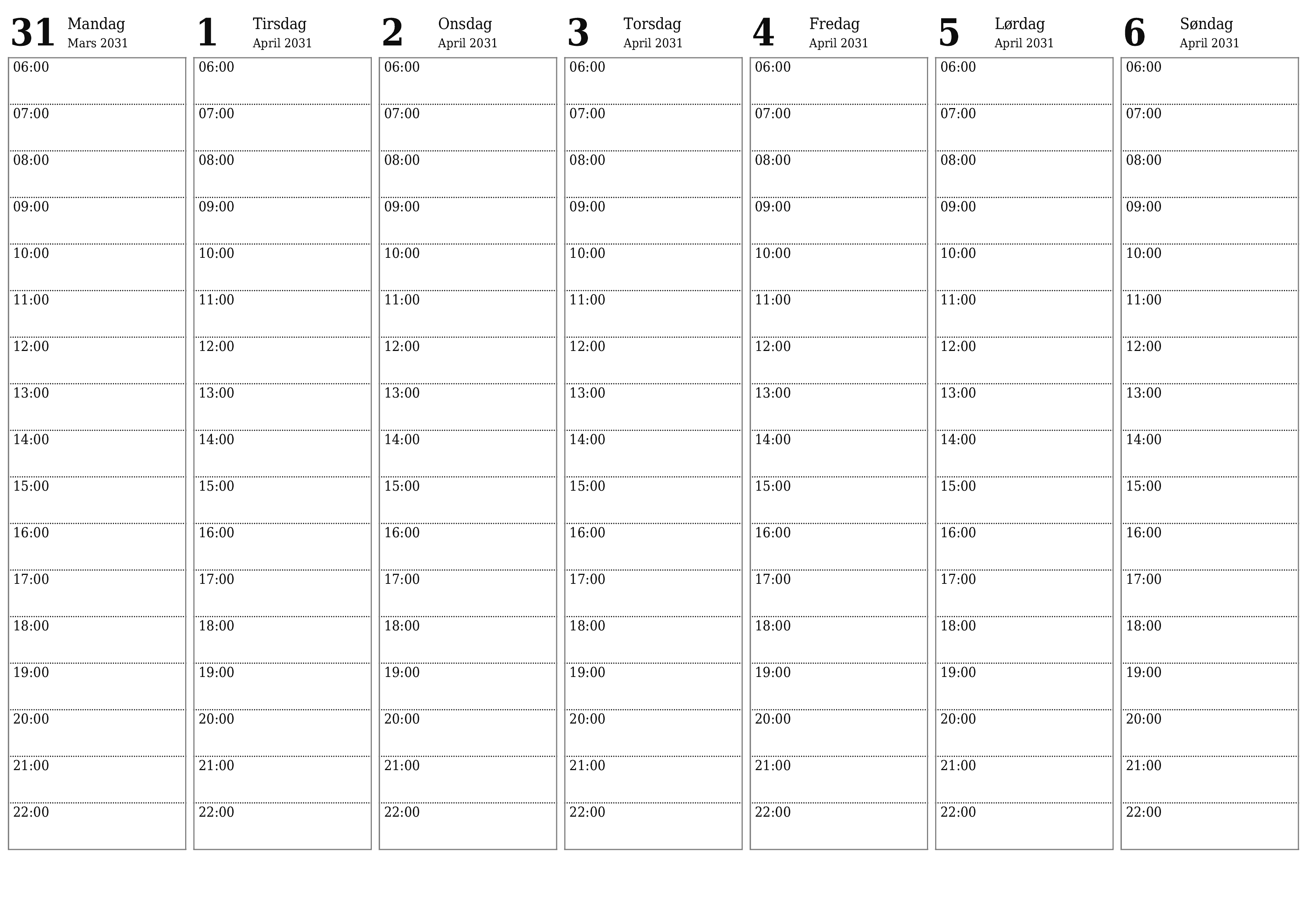 Tøm ukentlig planlegger i uker April 2031 med notater, lagre og skriv ut i PDF PNG Norwegian