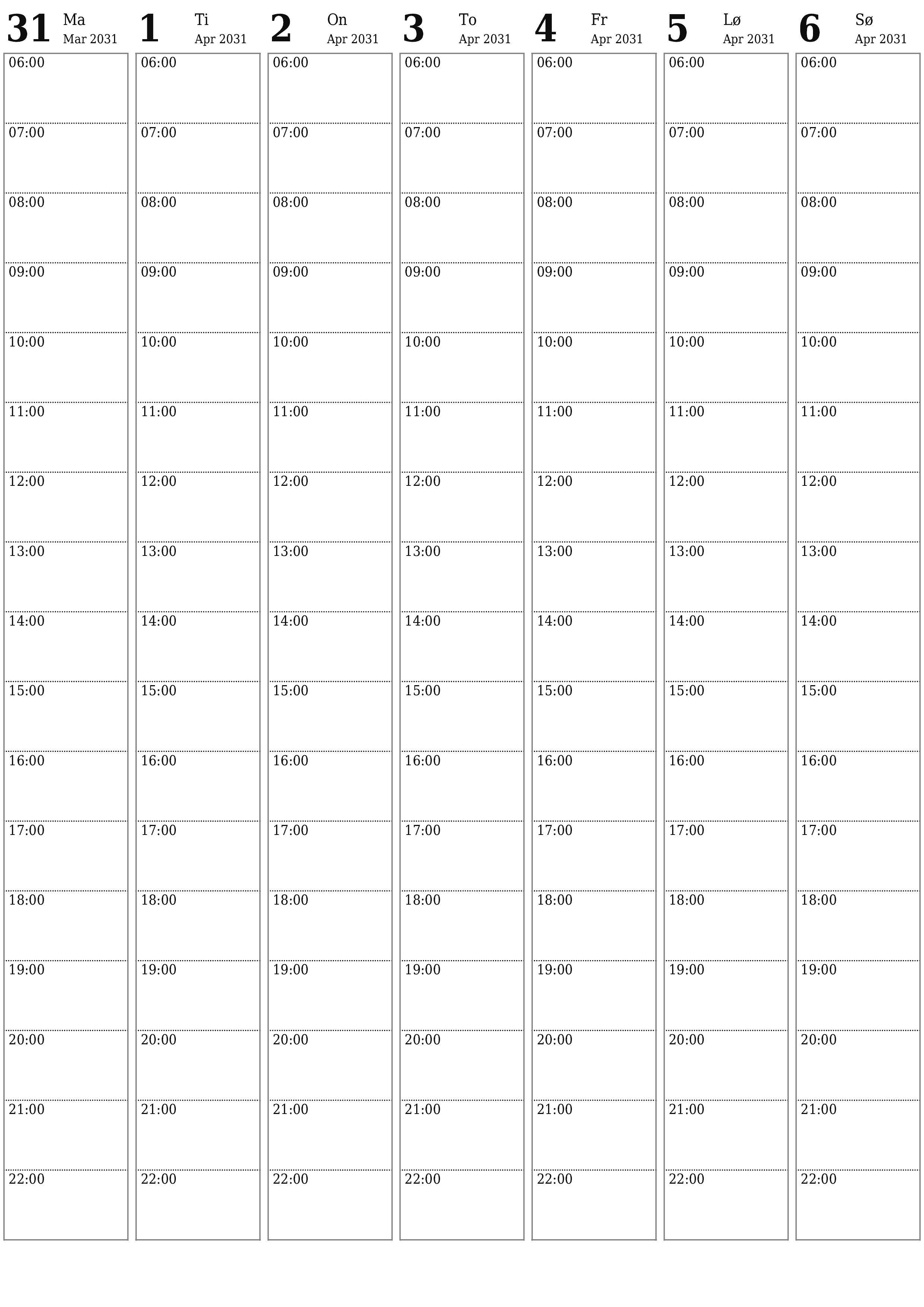 utskrivbar vegg mal gratis vertikal Ukentlig planlegger kalender April (Apr) 2031
