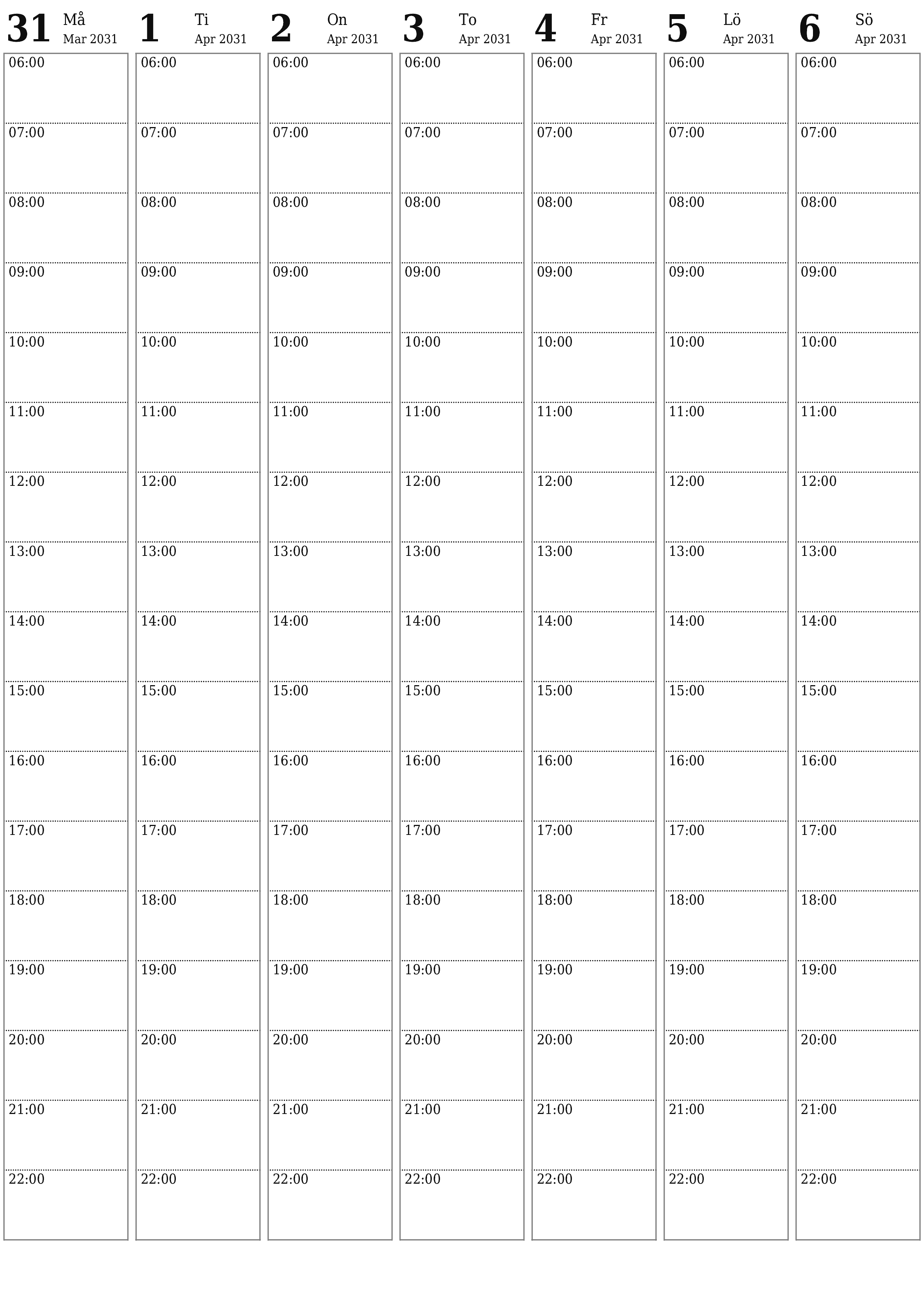 utskrivbar vägg mall gratis vertikal Veckovis planerare kalender April (Apr) 2031