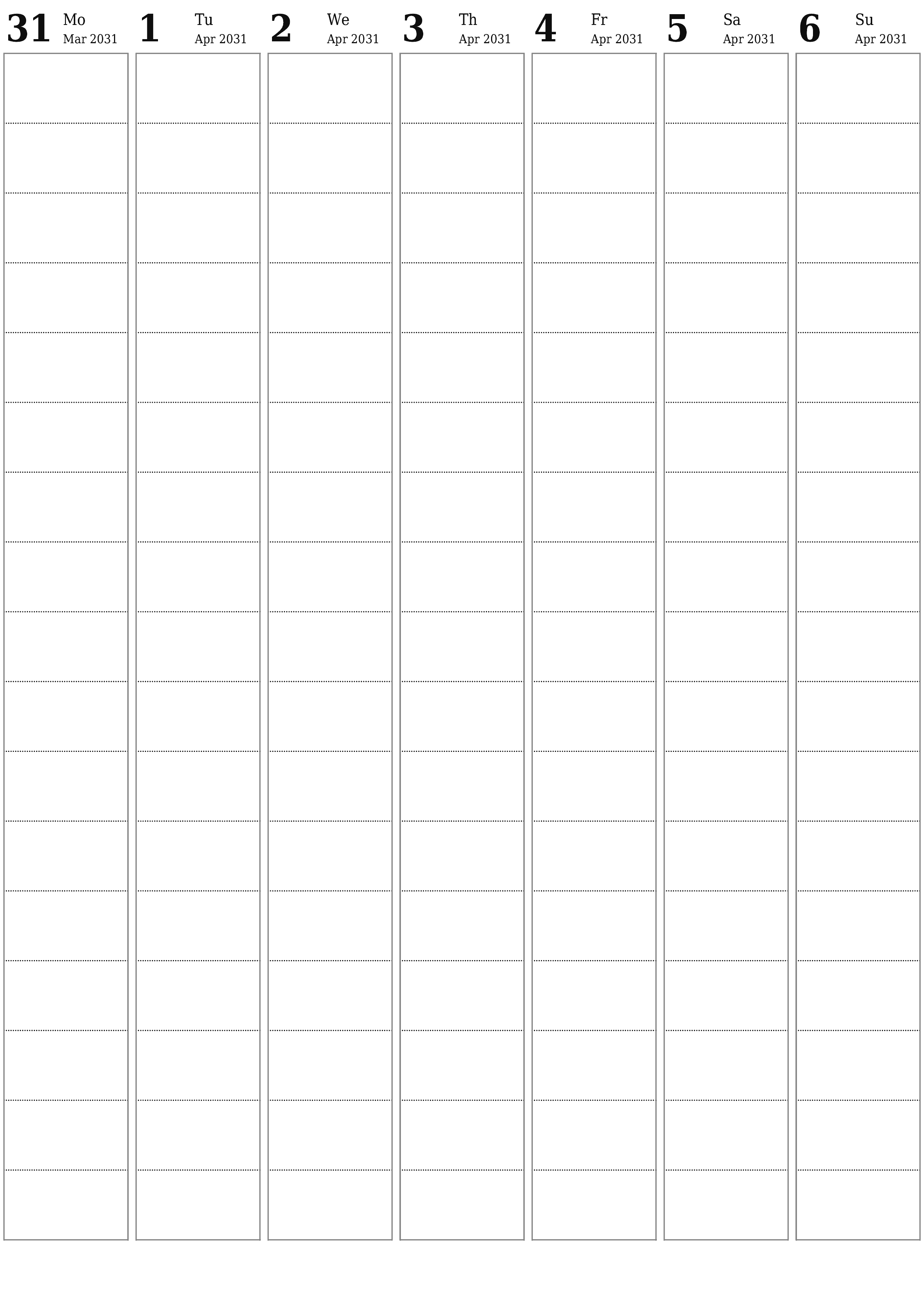 Blank calendar April 2031