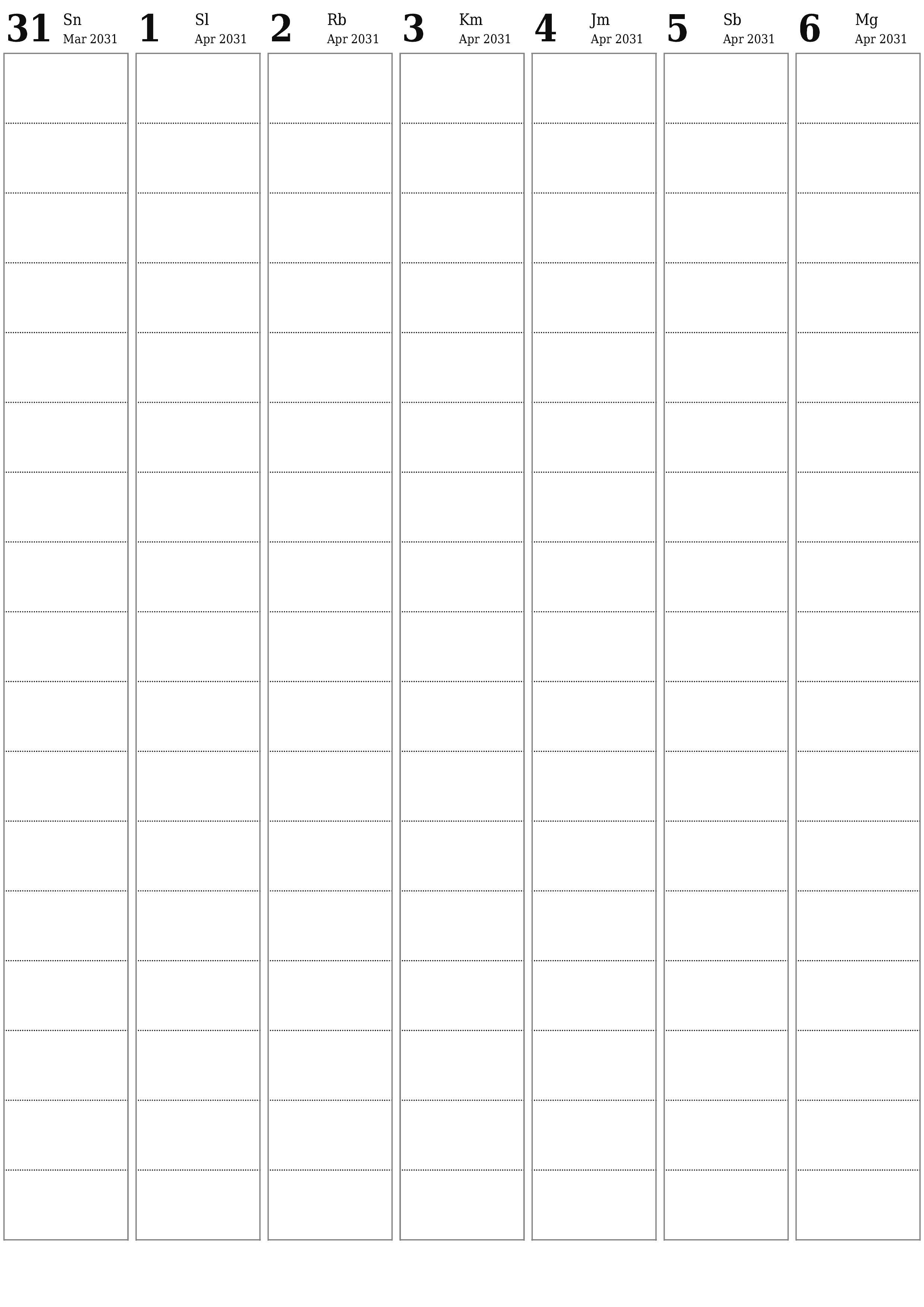  yang dapat dicetak dinding templat gratisvertikal Mingguan perencana kalender April (Apr) 2031