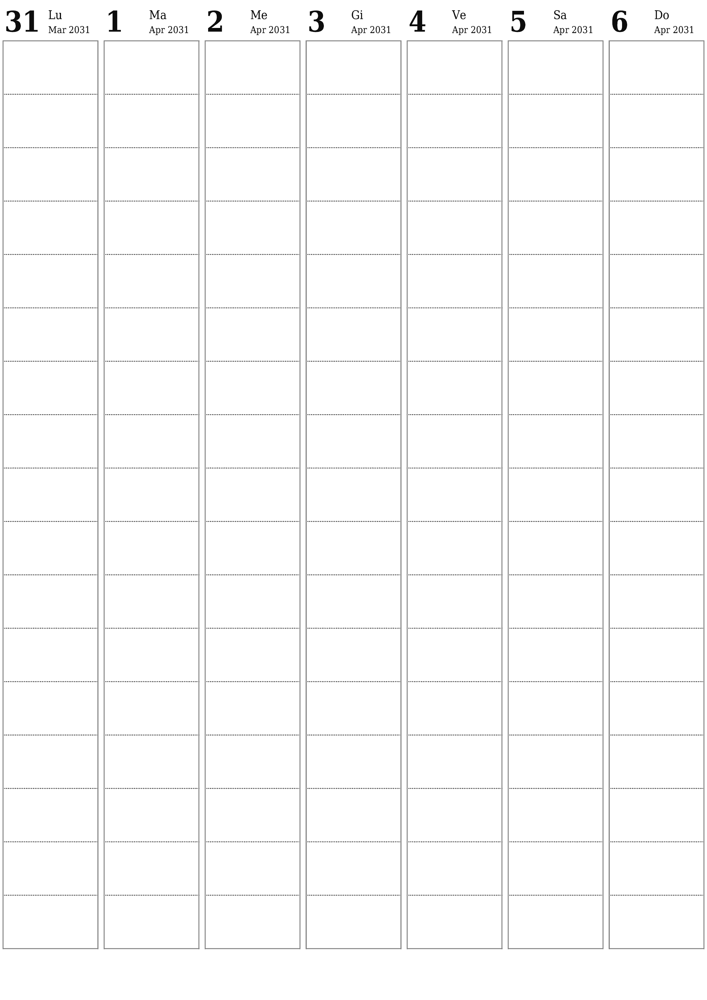  stampabile da parete modello di gratuitoverticale Settimanale pianificatore calendario Aprile (Apr) 2031