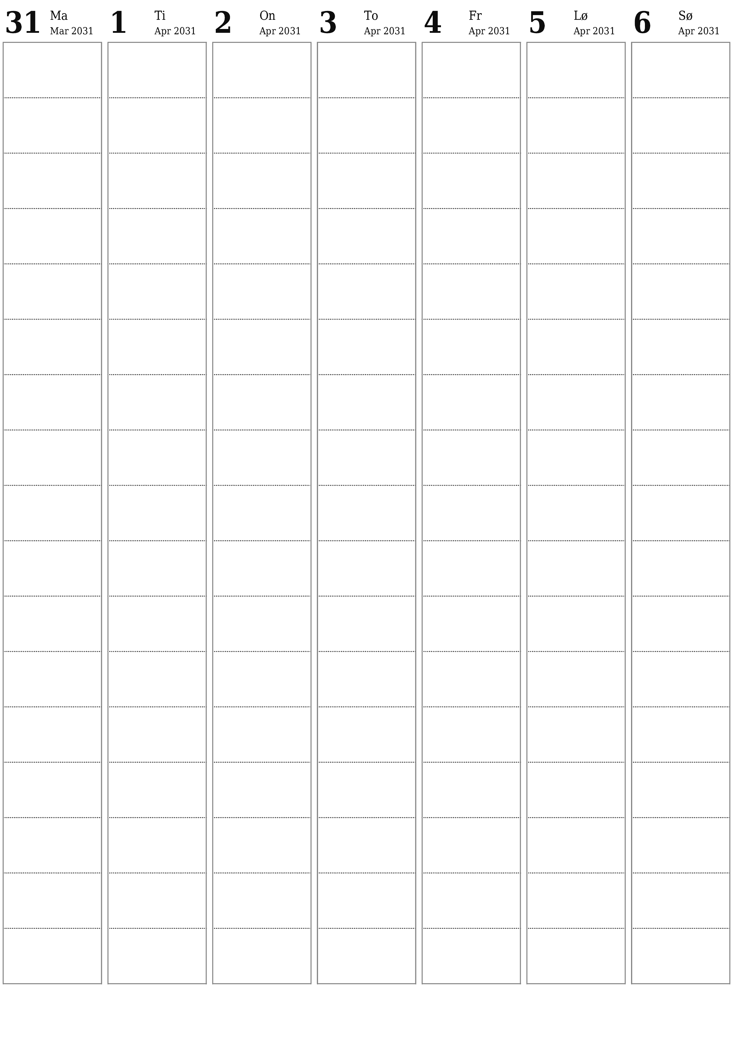 utskrivbar vegg mal gratis vertikal Ukentlig planlegger kalender April (Apr) 2031