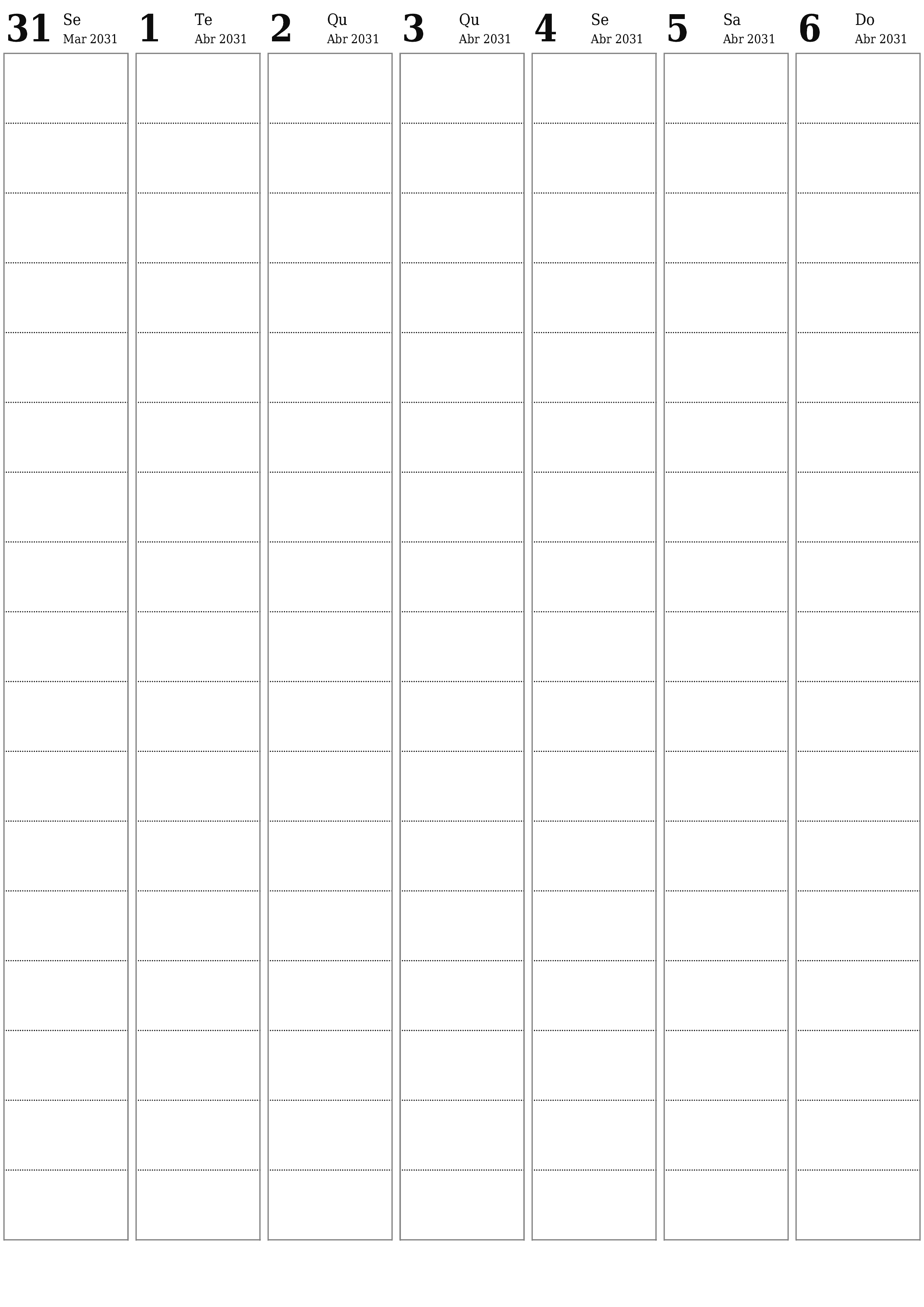 para impressão de parede modelo de grátisvertical Semanal planejador calendário Abril (Abr) 2031