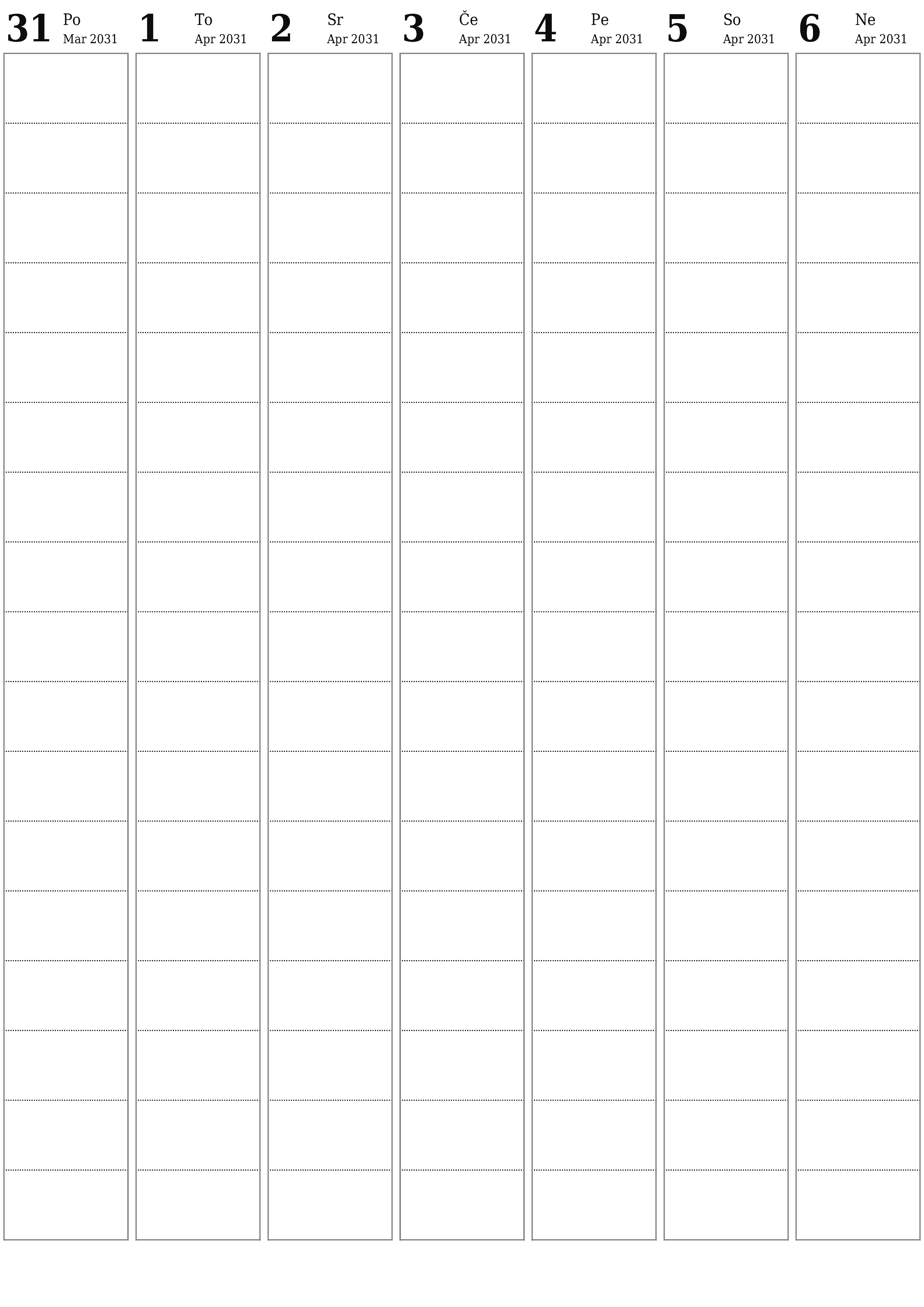natisljiv stenski ska predloga brezplačni vertical Tedenski jadralno letalo koledar April (Apr) 2031
