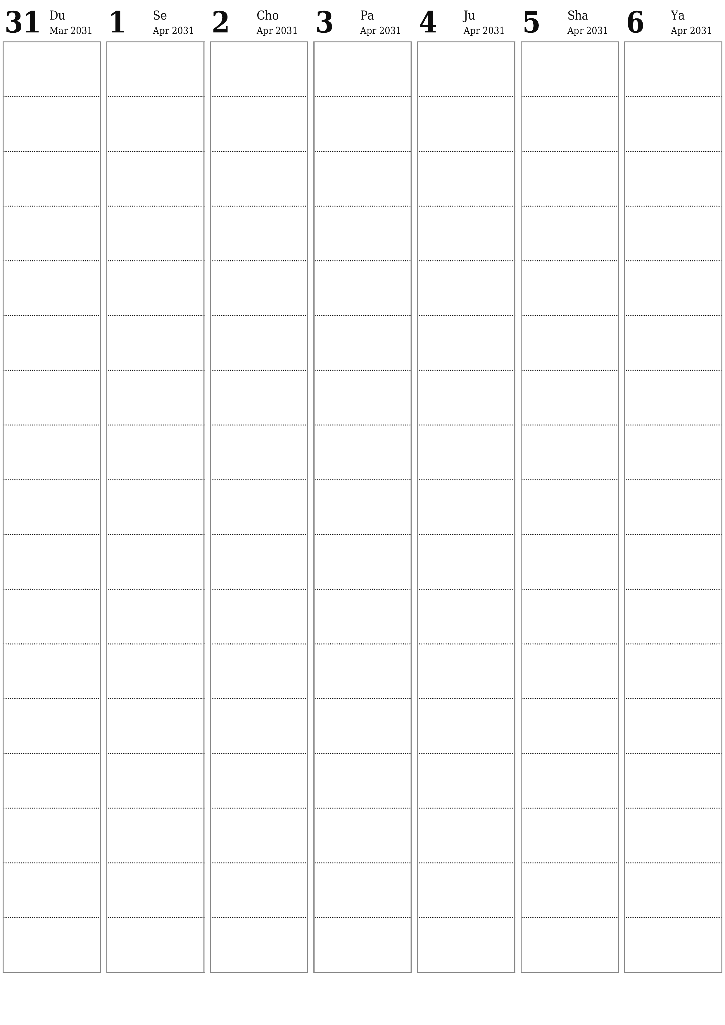 chop etiladigan devor taqvimi shabloni bepul vertikal Haftalik rejalashtiruvchi kalendar Aprel (Apr) 2031