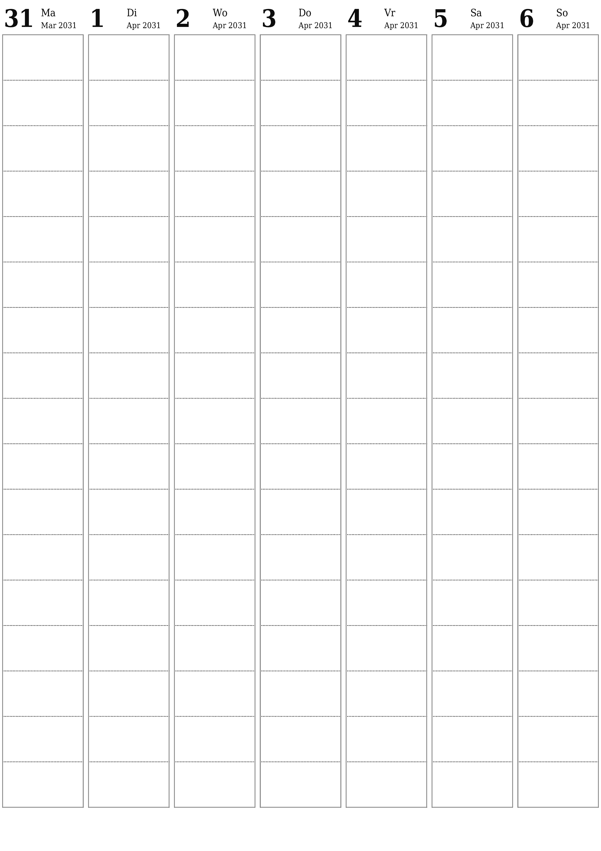 drukbare muur template gratis vertikaal Weekliks beplanner kalender April (Apr) 2031
