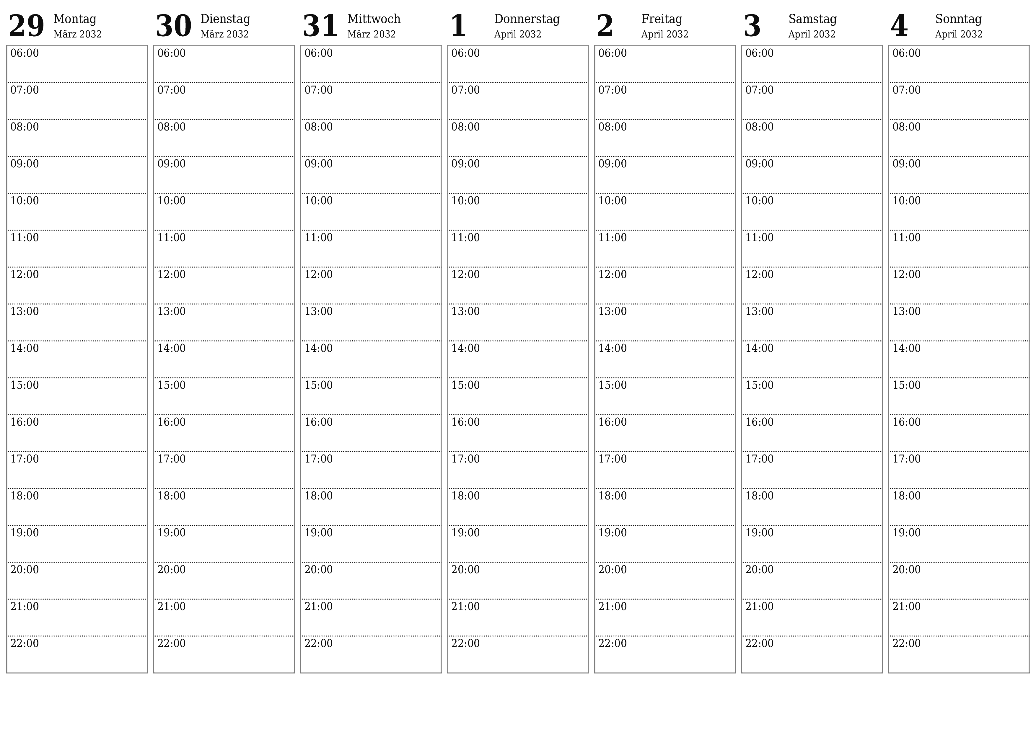 Wochenplaner für Wochen April 2032 mit Notizen leeren, speichern und als PDF drucken PNG German