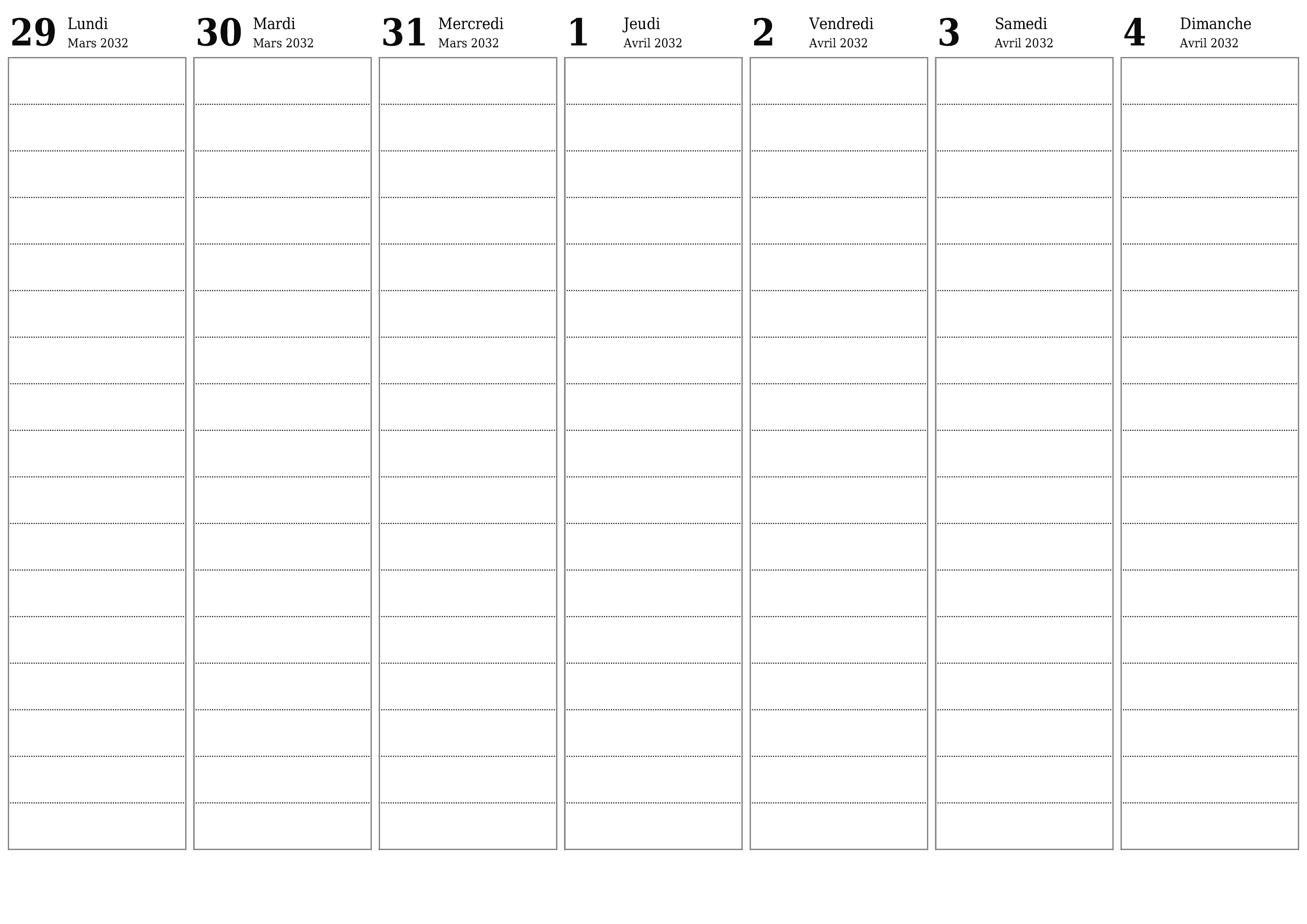 Agenda hebdomadaire vide pendant des semaines Avril 2032 avec notes, enregistrez et imprimez au format PDF PNG French