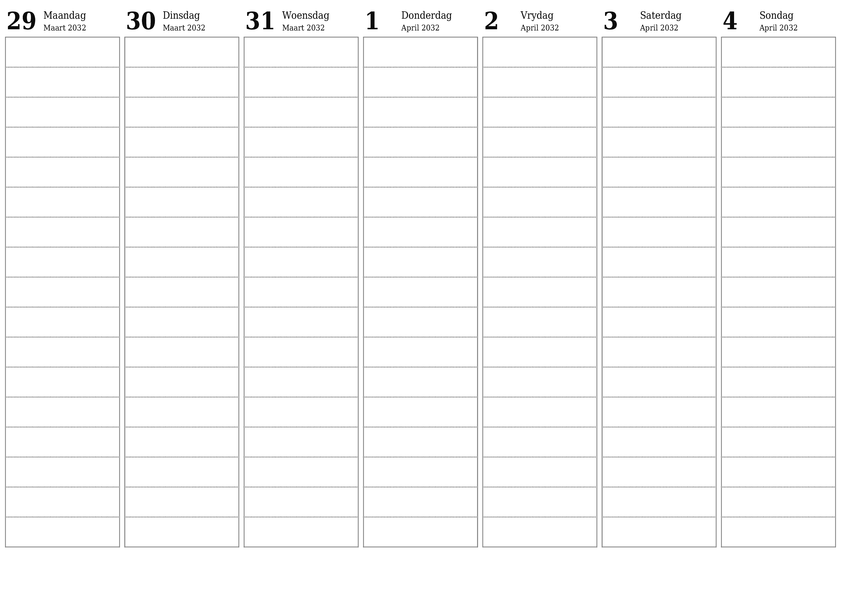 Leë weeklikse drukbare kalender en beplanner vir week April 2032 met notas, stoor en druk na PDF PNG Afrikaans