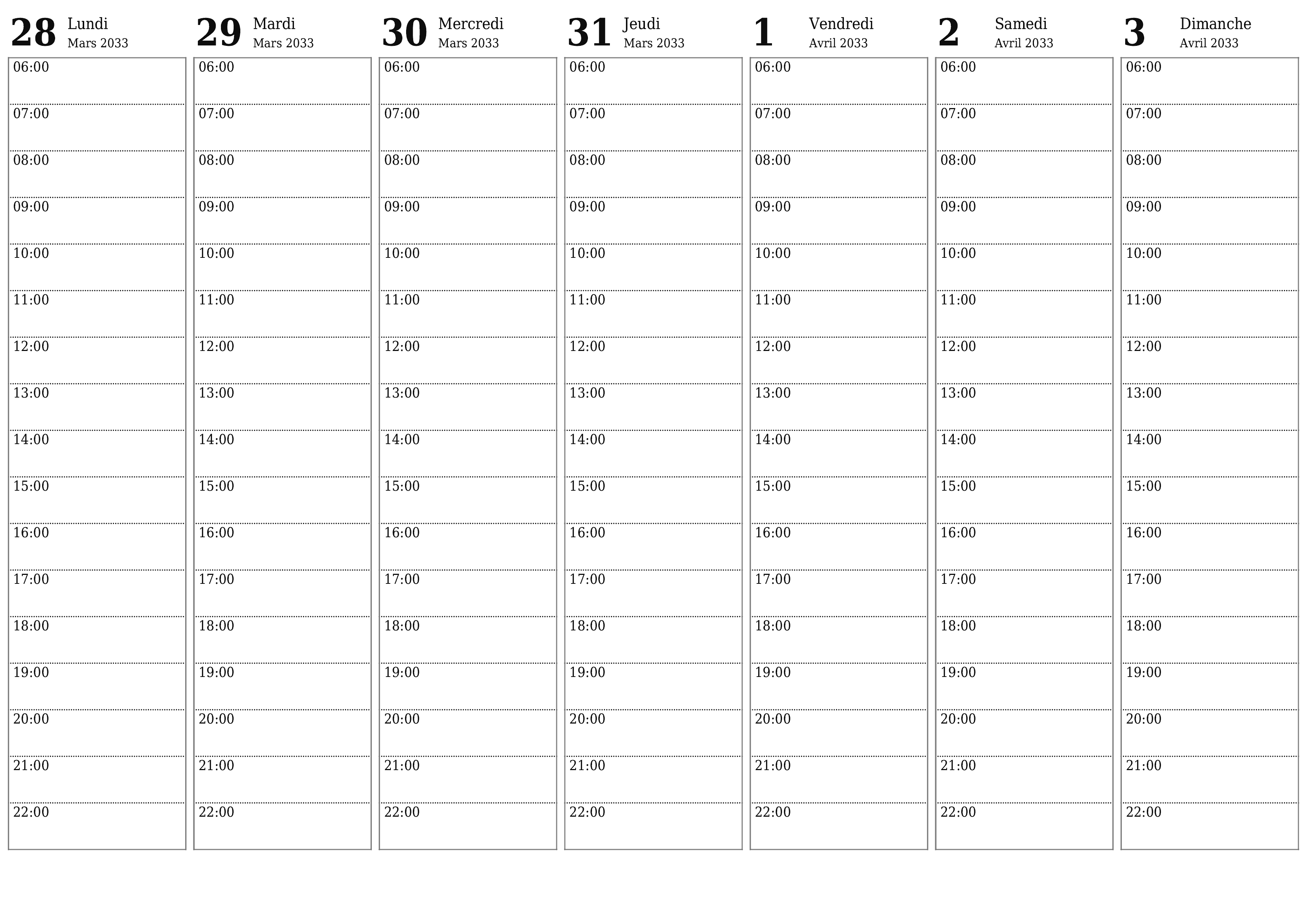 Agenda hebdomadaire vide pendant des semaines Avril 2033 avec notes, enregistrez et imprimez au format PDF PNG French