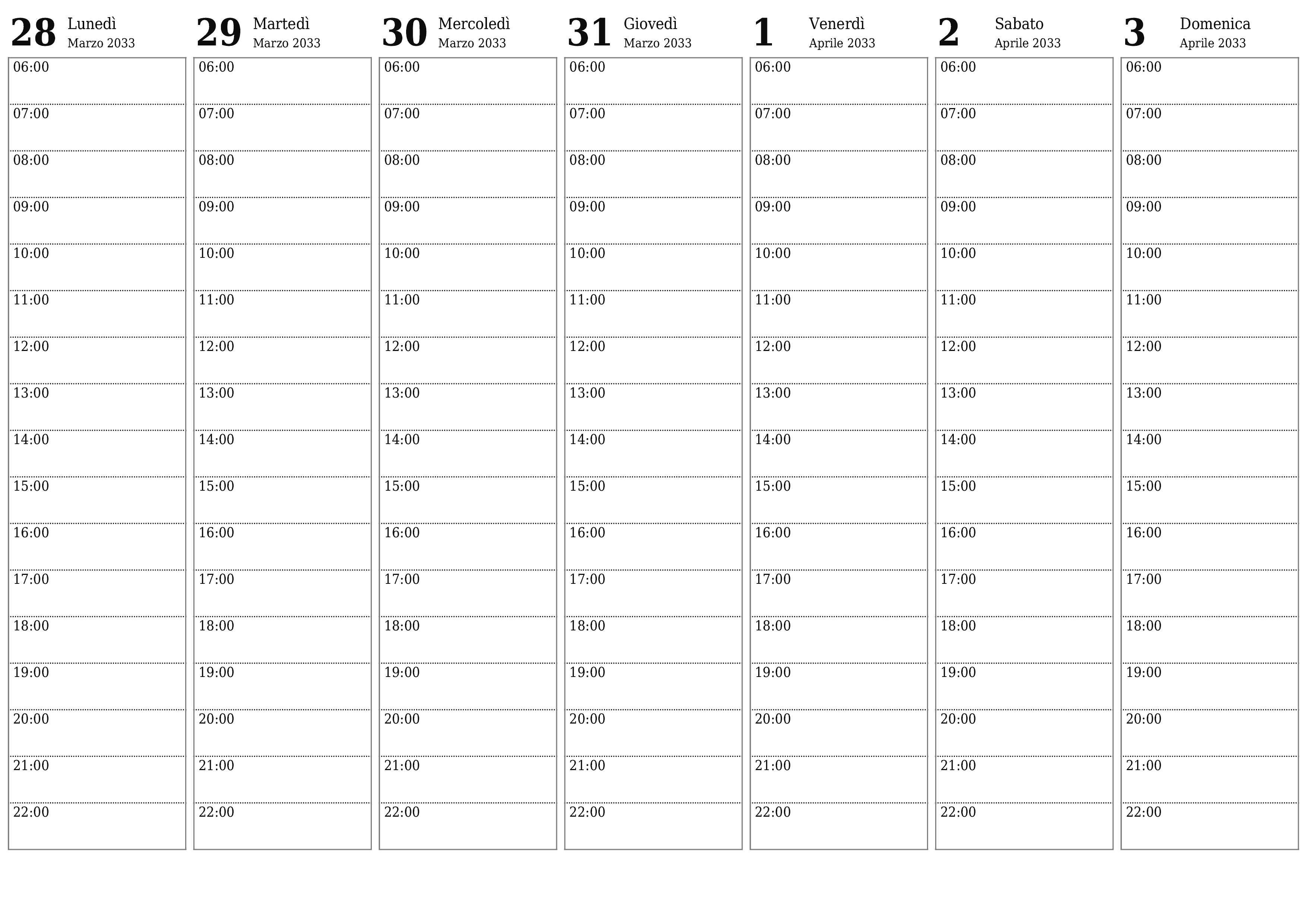 Agenda settimanale vuota per settimane Aprile 2033 con note, salva e stampa in PDF PNG Italian