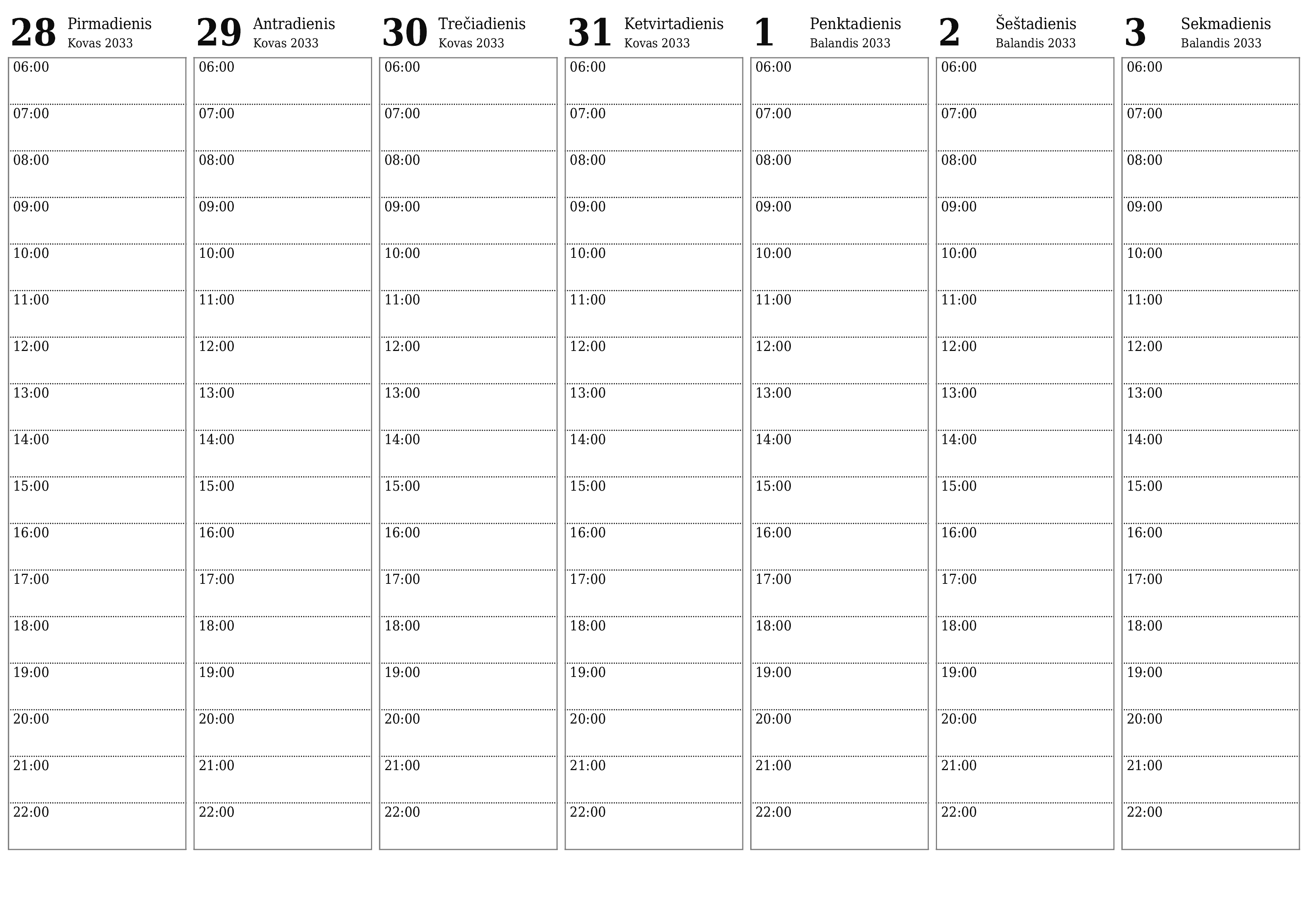 Ištuštinti savaitės planavimo priemonę savaitėms Balandis 2033 su užrašais, išsaugoti ir atsispausdinti PDF formate PNG Lithuanian