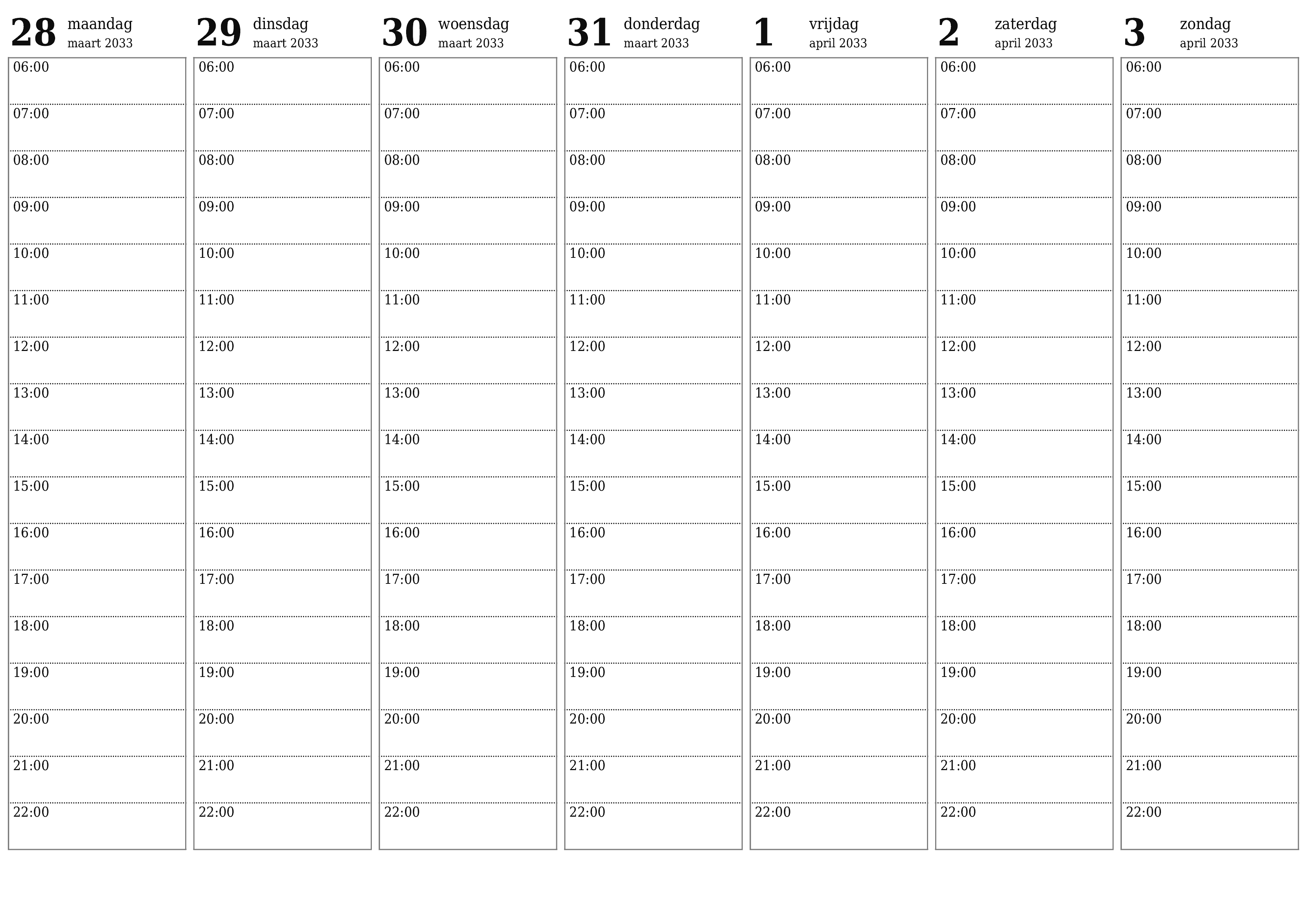 Lege weekplanner voor weken april 2033 met notities, opslaan en afdrukken naar pdf PNG Dutch