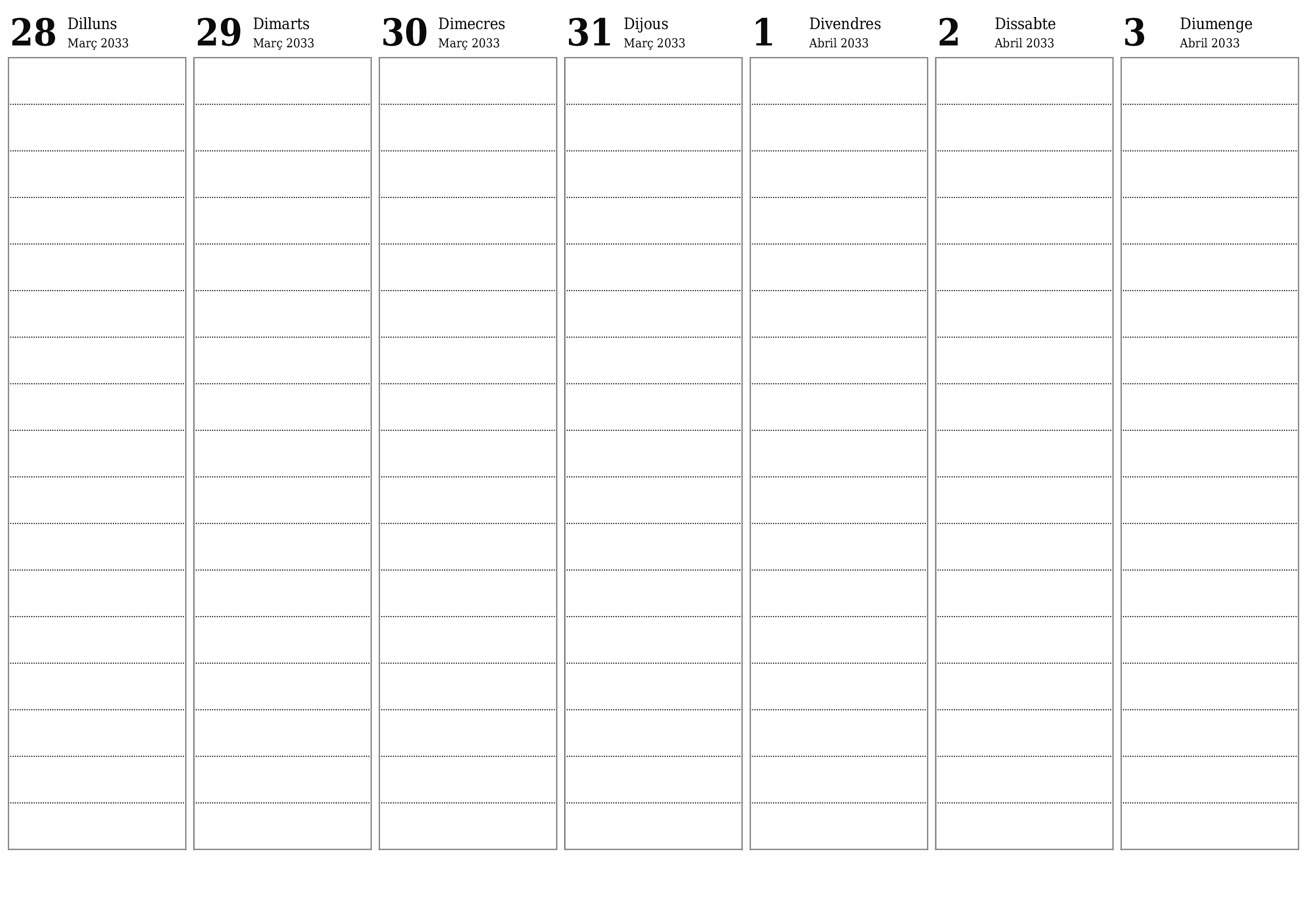 Planificador setmanal buit durant setmanes Abril 2033 amb notes, deseu-lo i imprimiu-lo en format PDF PNG Catalan