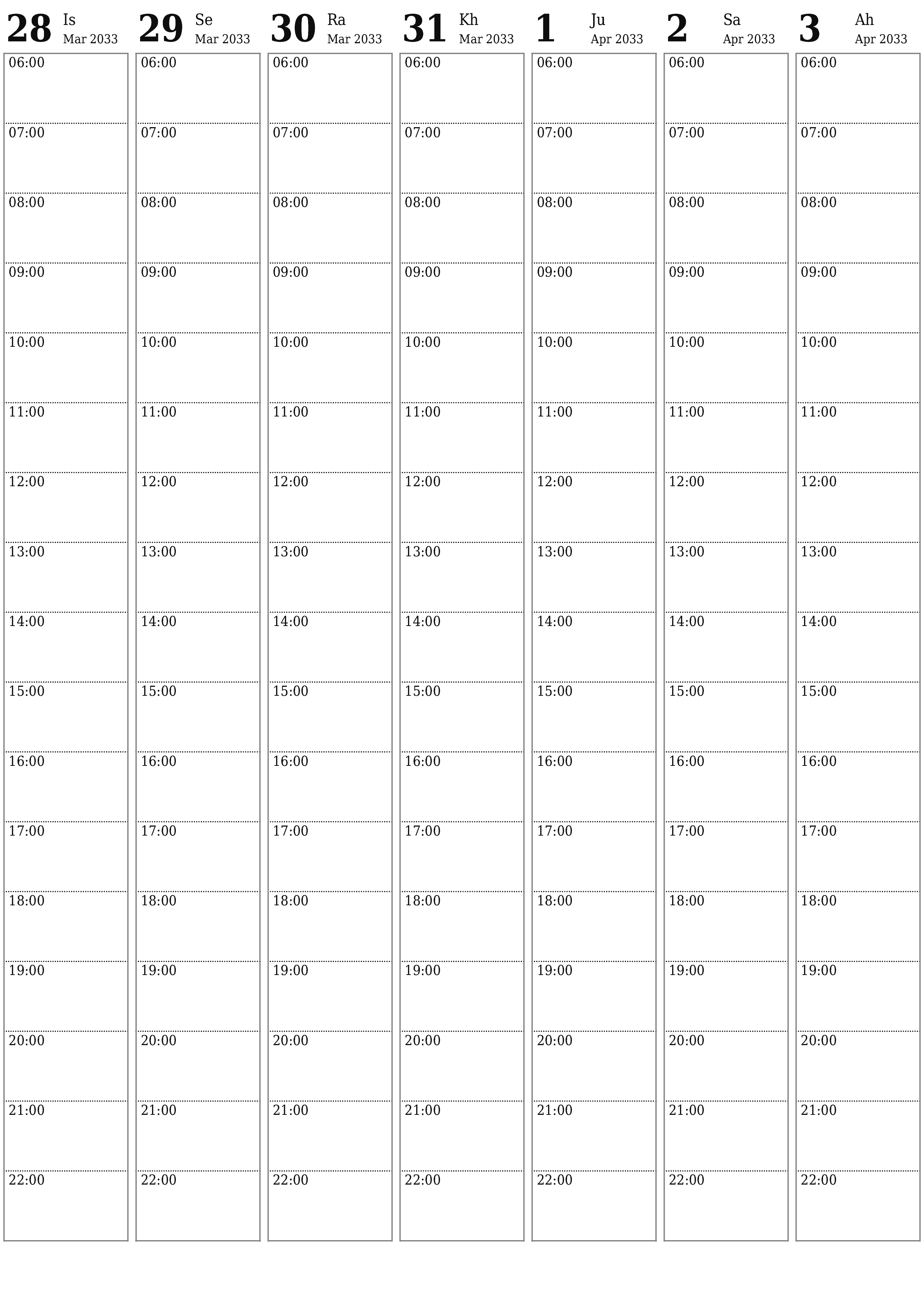 Perencana mingguan kosong selama berminggu-minggu April 2033 dengan nota, simpan dan cetak ke PDF PNG Malay