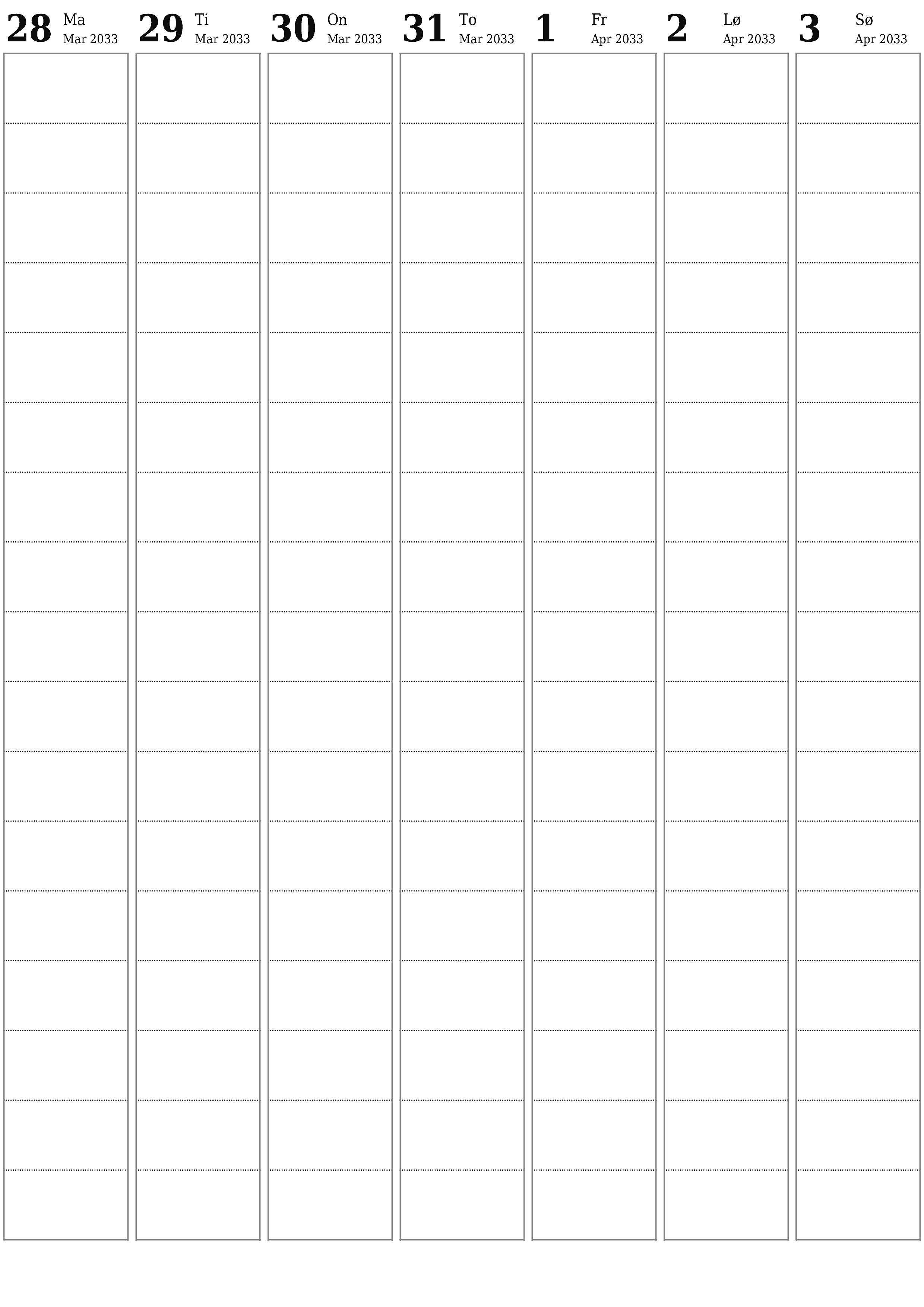 utskrivbar vegg mal gratis vertikal Ukentlig planlegger kalender April (Apr) 2033