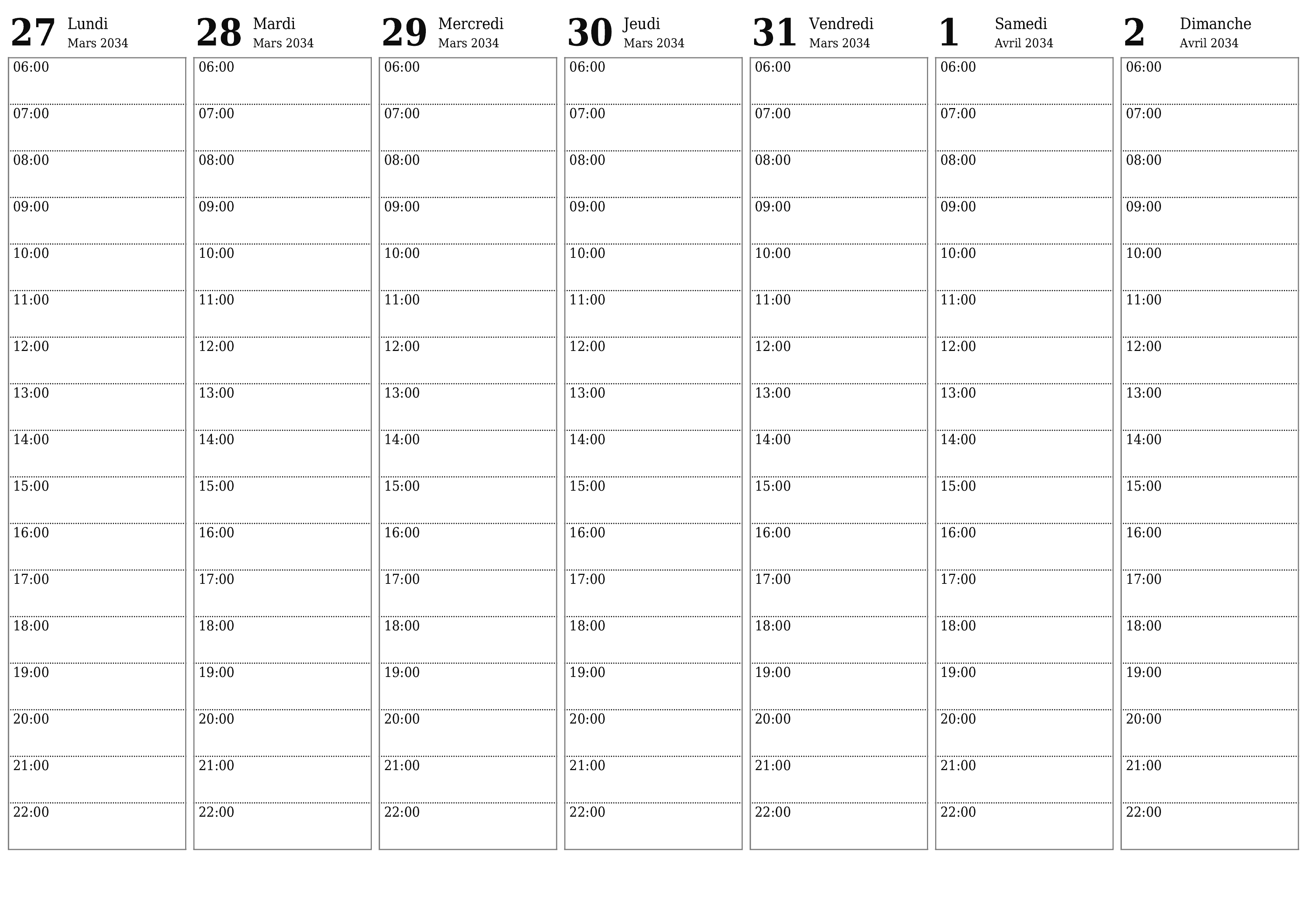 Agenda hebdomadaire vide pendant des semaines Avril 2034 avec notes, enregistrez et imprimez au format PDF PNG French
