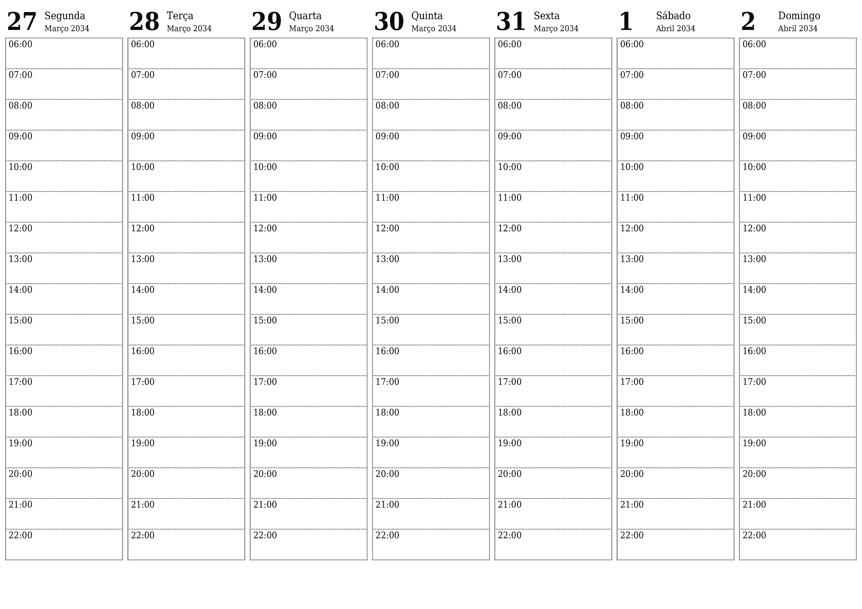 Esvazie o planejador semanal por semanas Abril 2034 com notas, salve e imprima em PDF PNG Portuguese