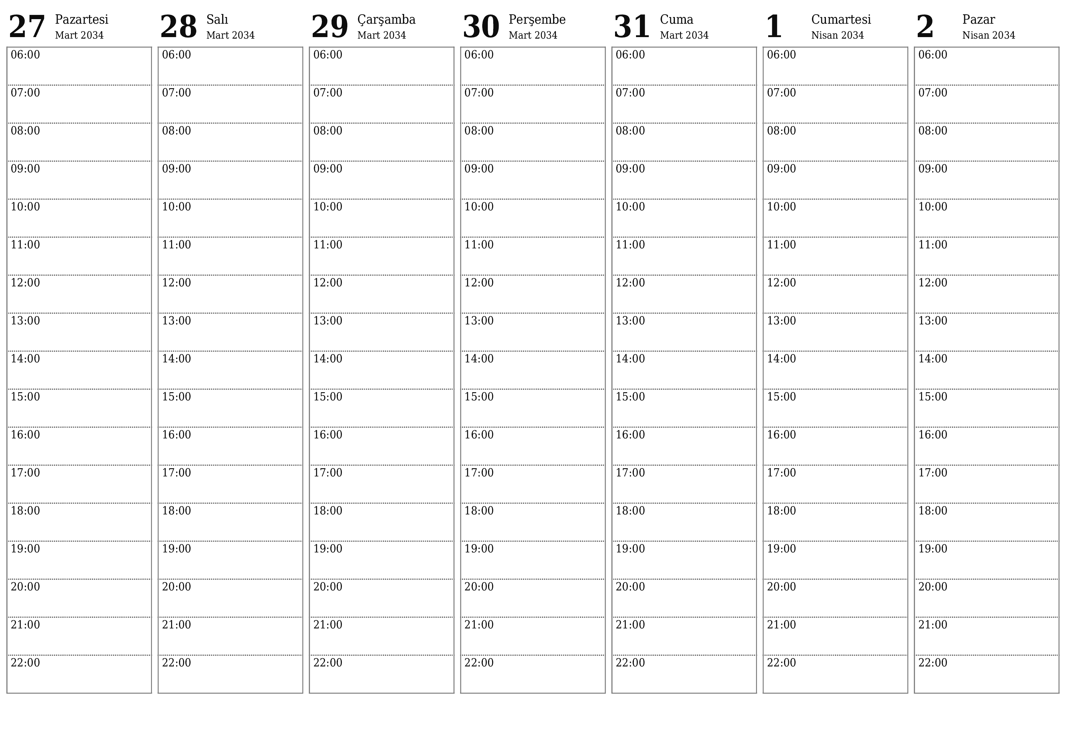 Haftalar için notlarla boş haftalık planlayıcı Nisan 2034, kaydedin ve PDF'ye yazdırın PNG Turkish