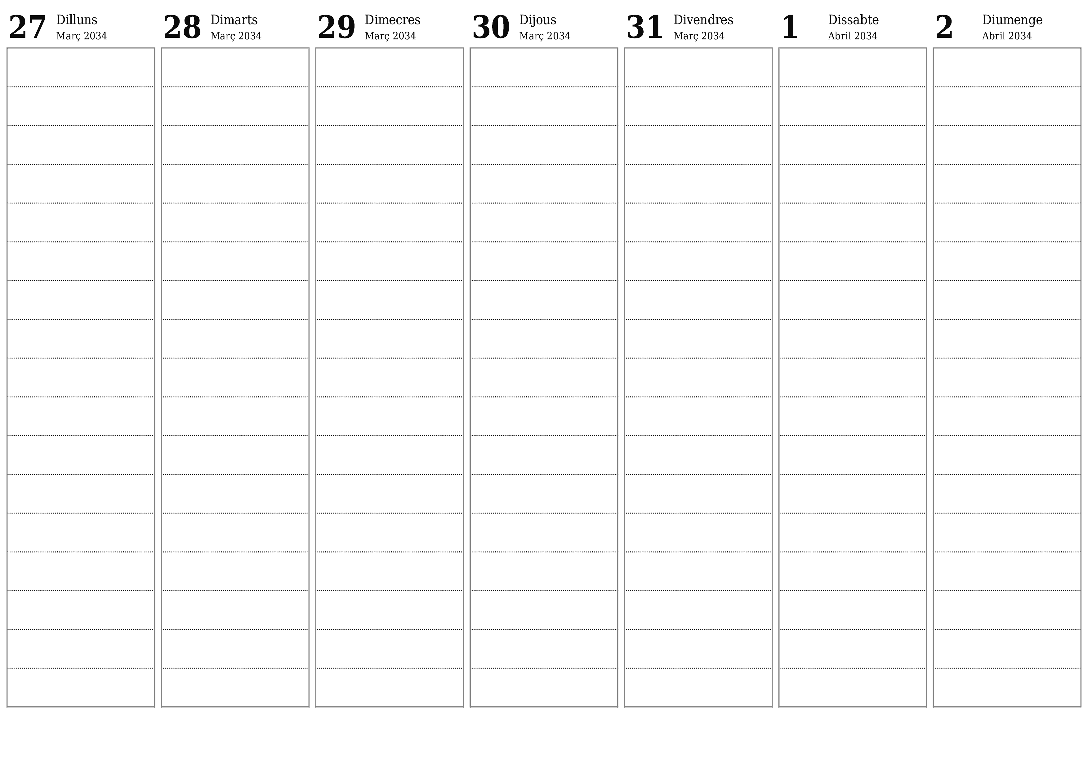 Planificador setmanal buit durant setmanes Abril 2034 amb notes, deseu-lo i imprimiu-lo en format PDF PNG Catalan