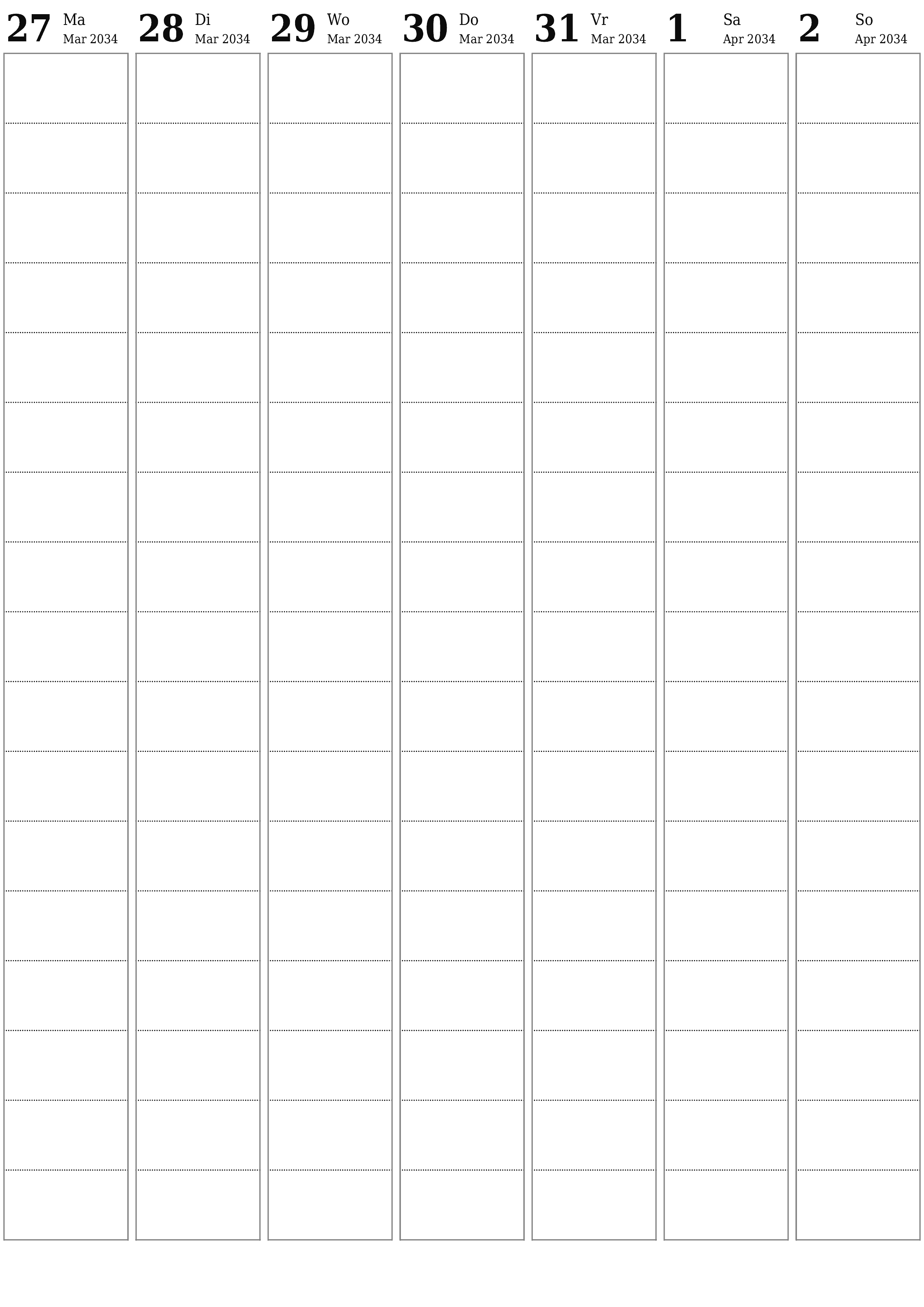 Leë weeklikse drukbare kalender en beplanner vir week April 2034 met notas, stoor en druk na PDF PNG Afrikaans