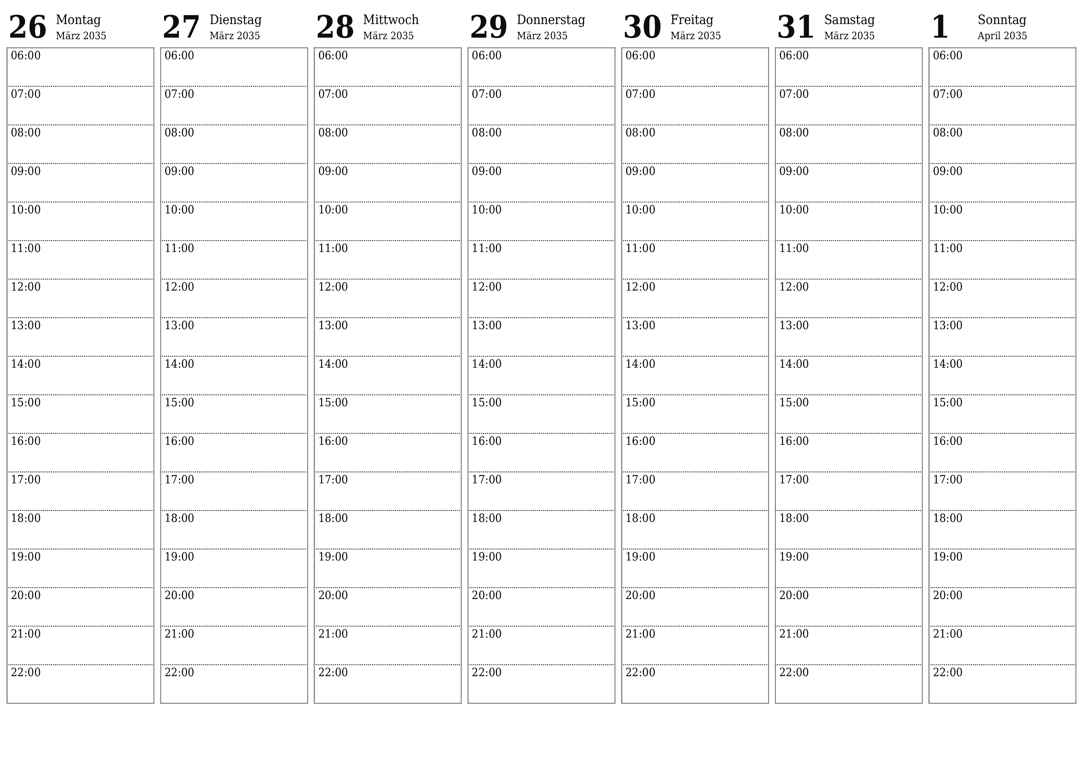 Wochenplaner für Wochen April 2035 mit Notizen leeren, speichern und als PDF drucken PNG German
