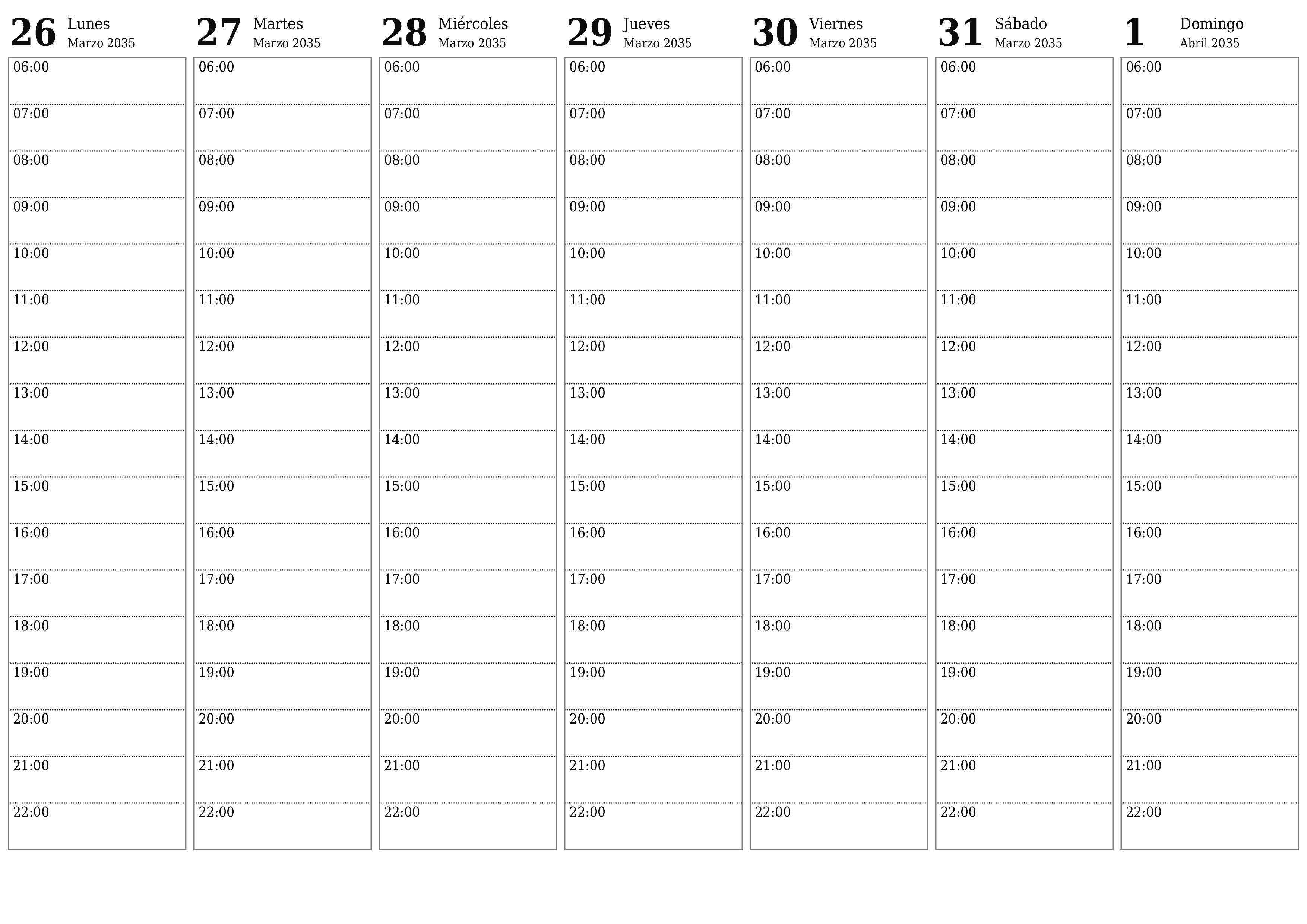 Planificador semanal vacío para semanas Abril 2035 con notas, guardar e imprimir en PDF PNG Spanish