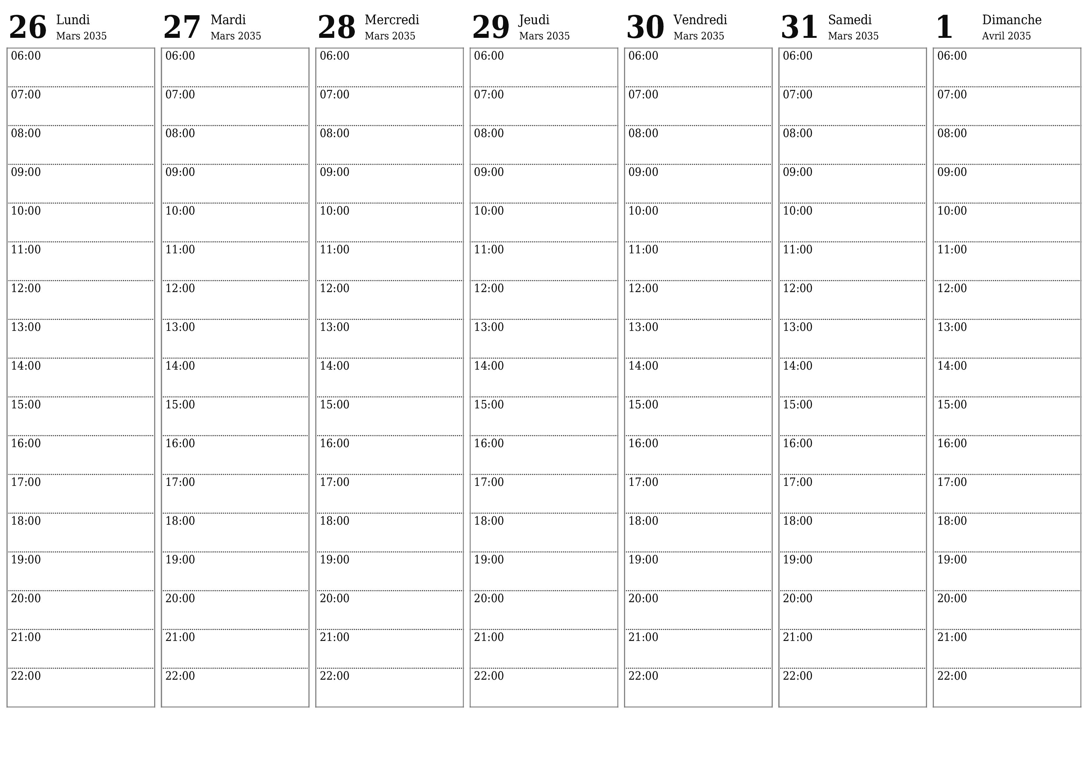 Agenda hebdomadaire vide pendant des semaines Avril 2035 avec notes, enregistrez et imprimez au format PDF PNG French