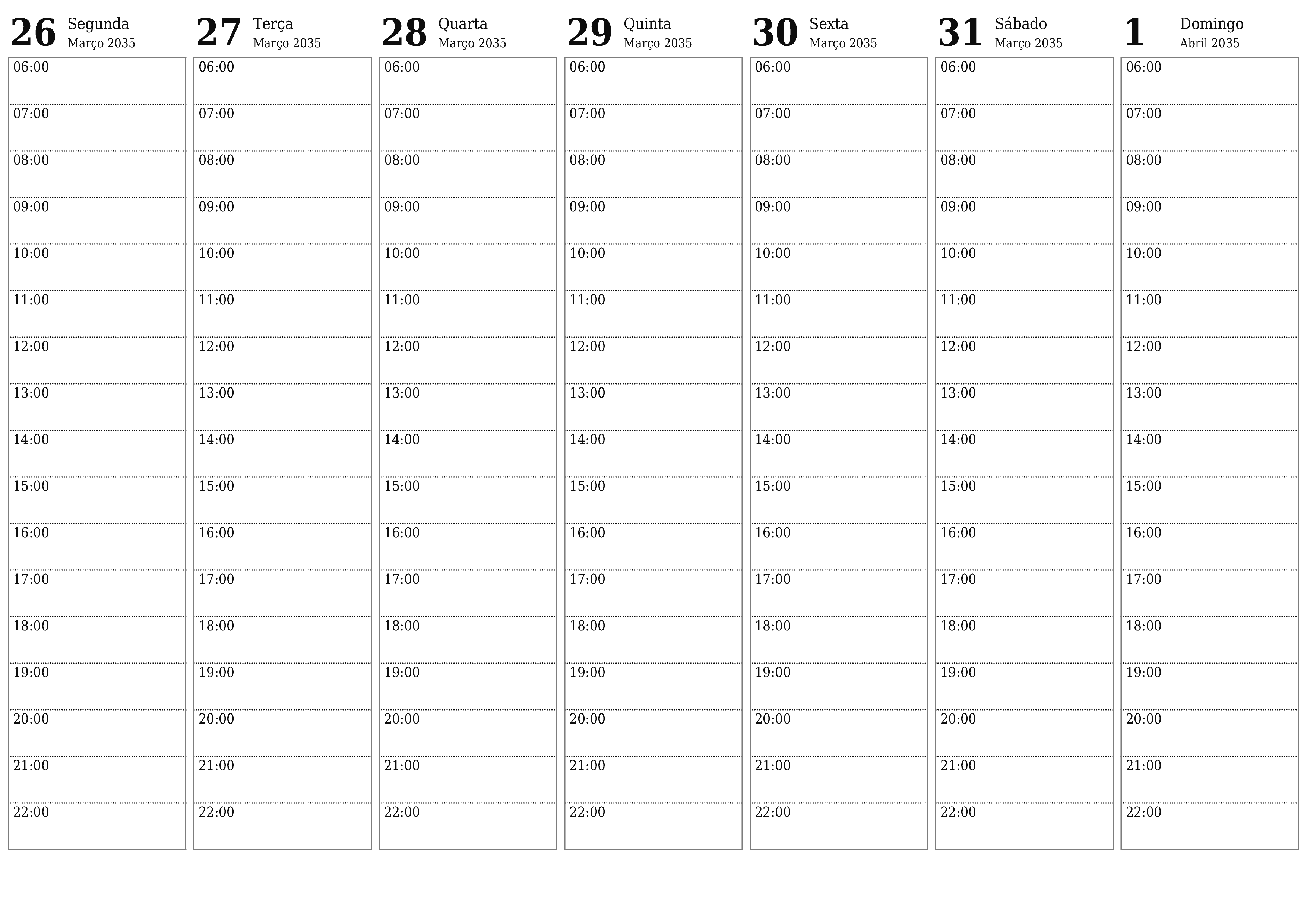 Esvazie o planejador semanal por semanas Abril 2035 com notas, salve e imprima em PDF PNG Portuguese