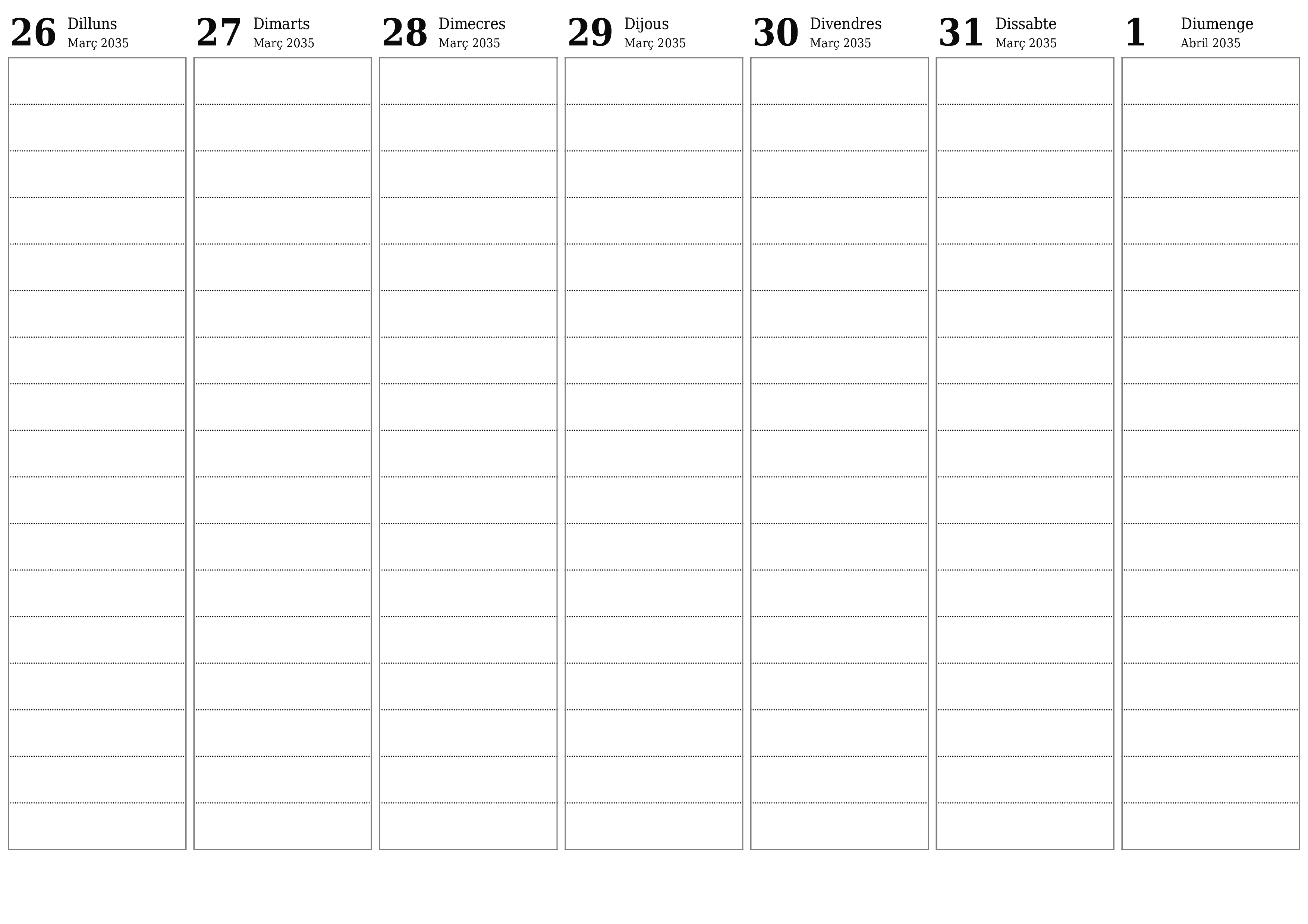 Planificador setmanal buit durant setmanes Abril 2035 amb notes, deseu-lo i imprimiu-lo en format PDF PNG Catalan