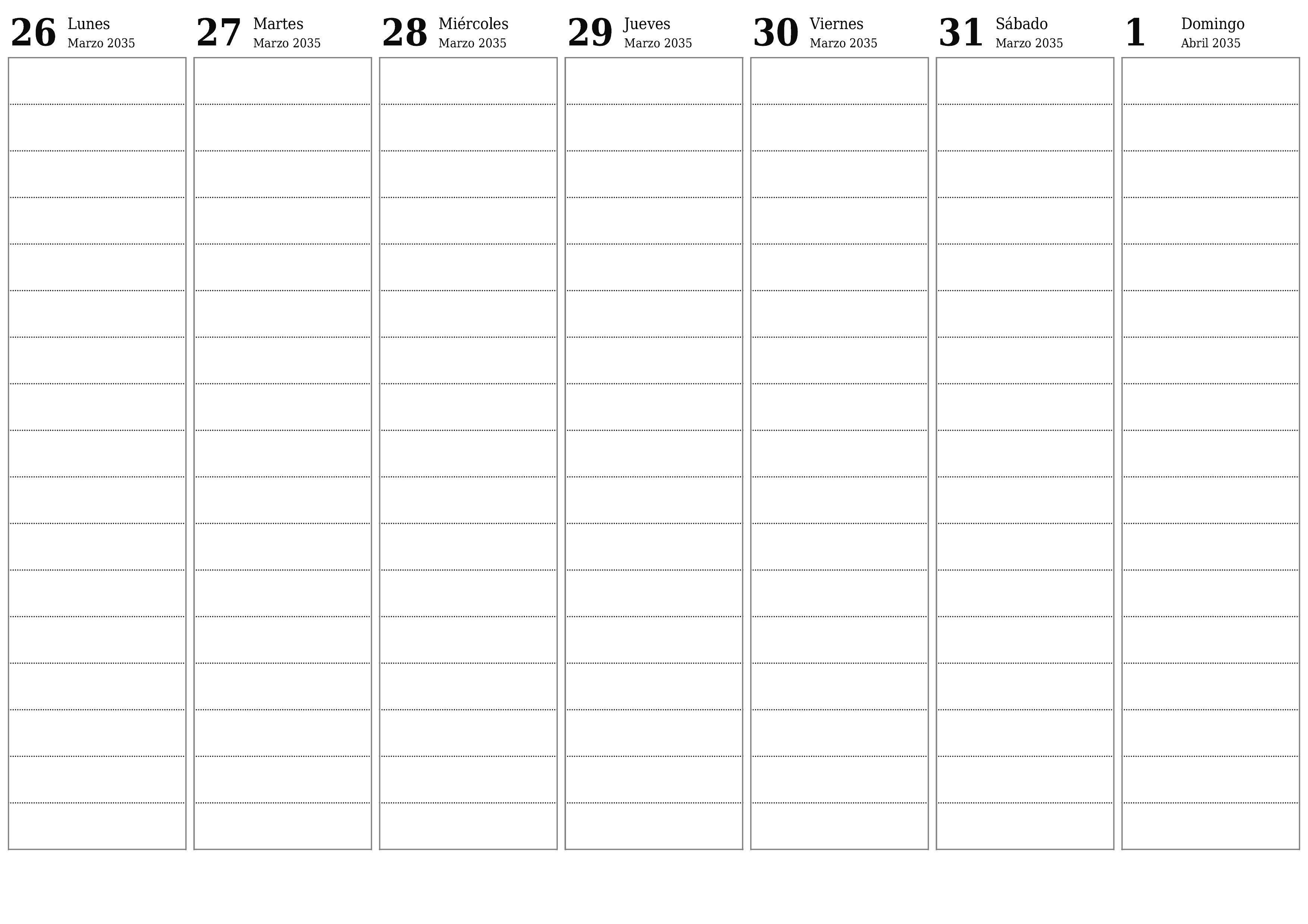 Planificador semanal vacío para semanas Abril 2035 con notas, guardar e imprimir en PDF PNG Spanish