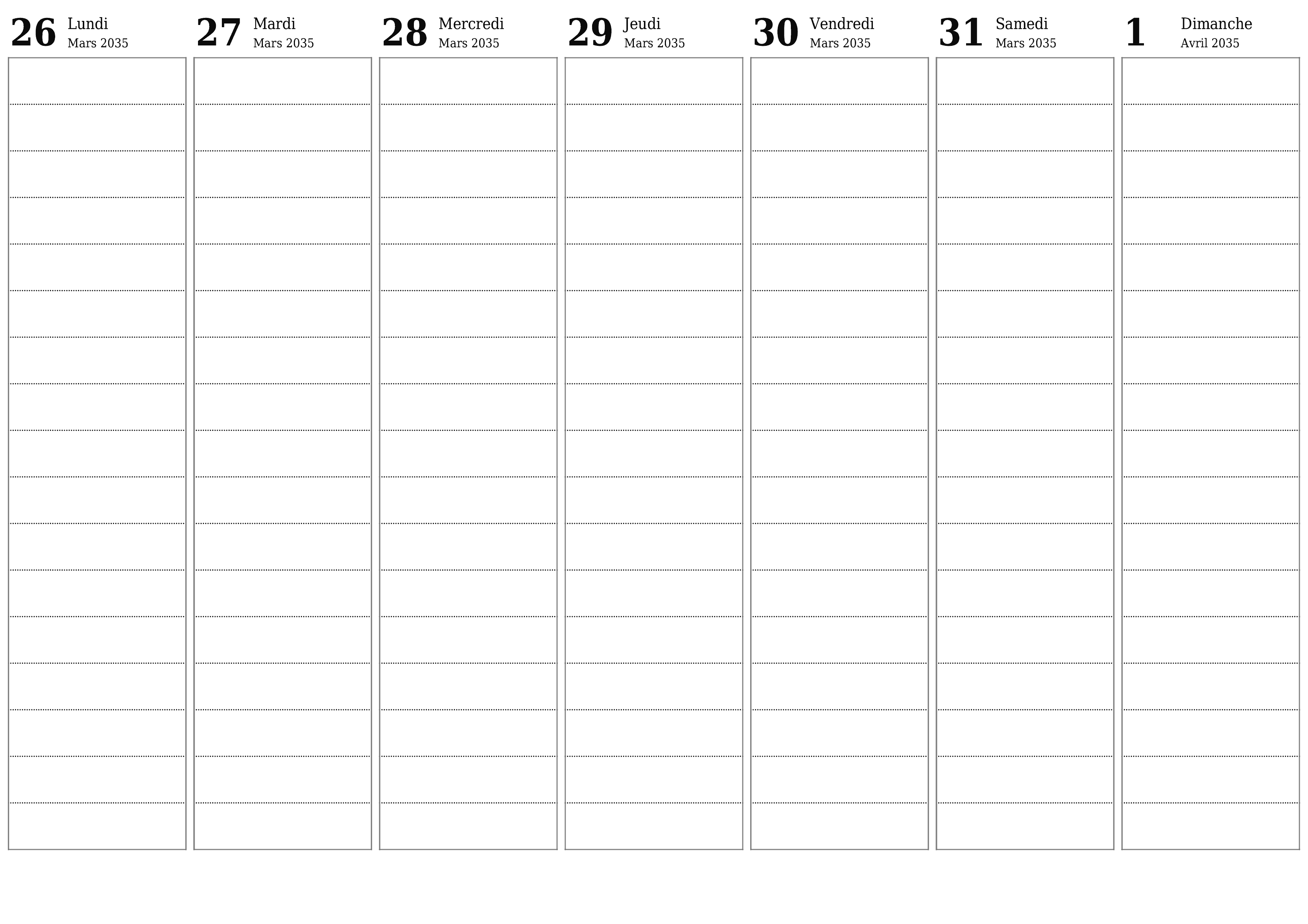 Agenda hebdomadaire vide pendant des semaines Avril 2035 avec notes, enregistrez et imprimez au format PDF PNG French