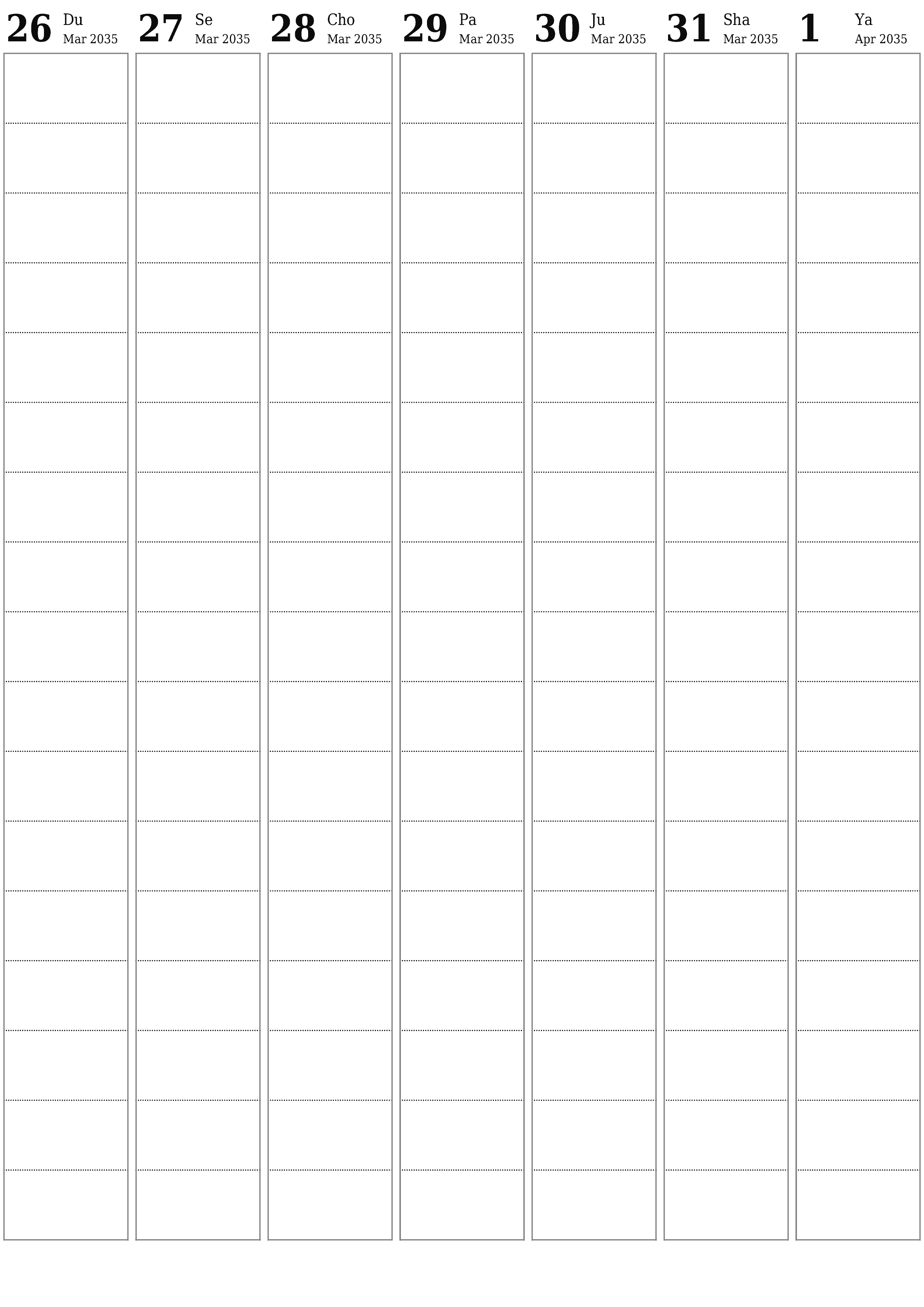 chop etiladigan devor taqvimi shabloni bepul vertikal Haftalik rejalashtiruvchi kalendar Aprel (Apr) 2035