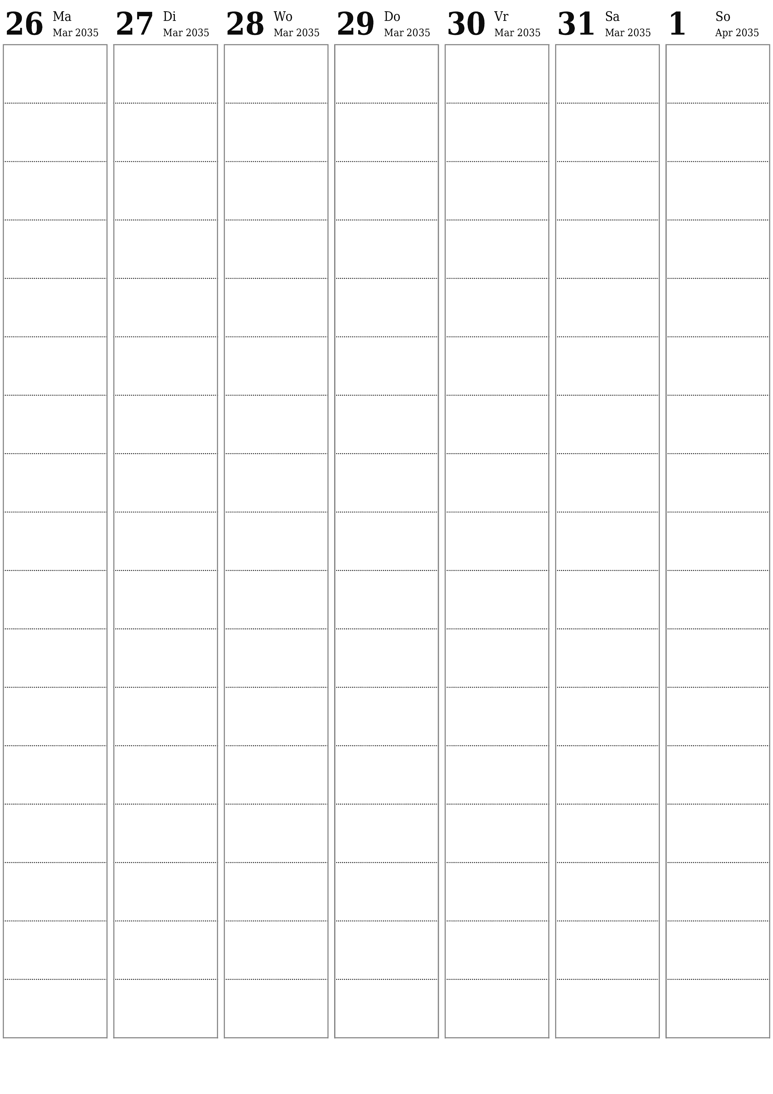 drukbare muur template gratis vertikaal Weekliks beplanner kalender April (Apr) 2035