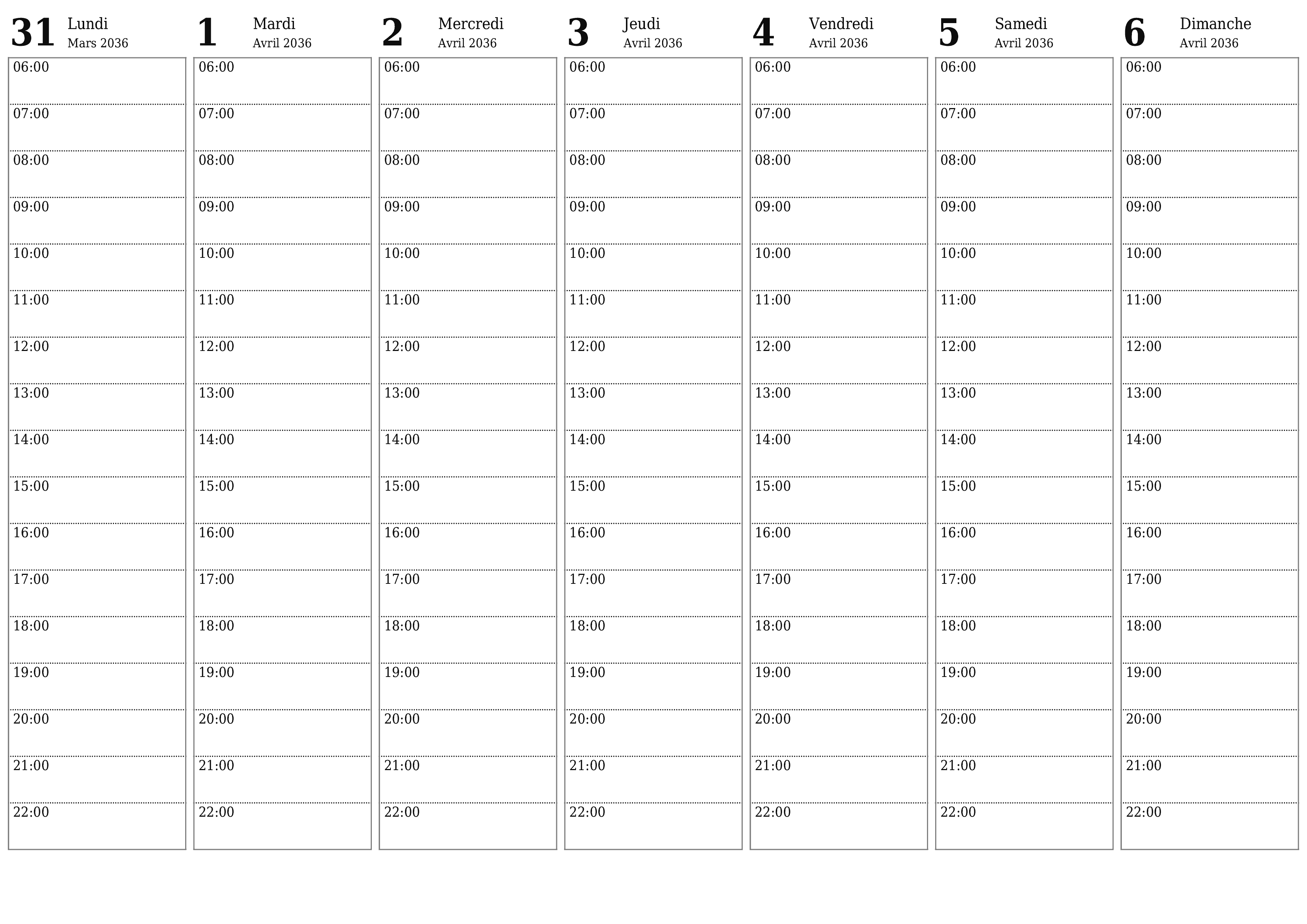 Agenda hebdomadaire vide pendant des semaines Avril 2036 avec notes, enregistrez et imprimez au format PDF PNG French
