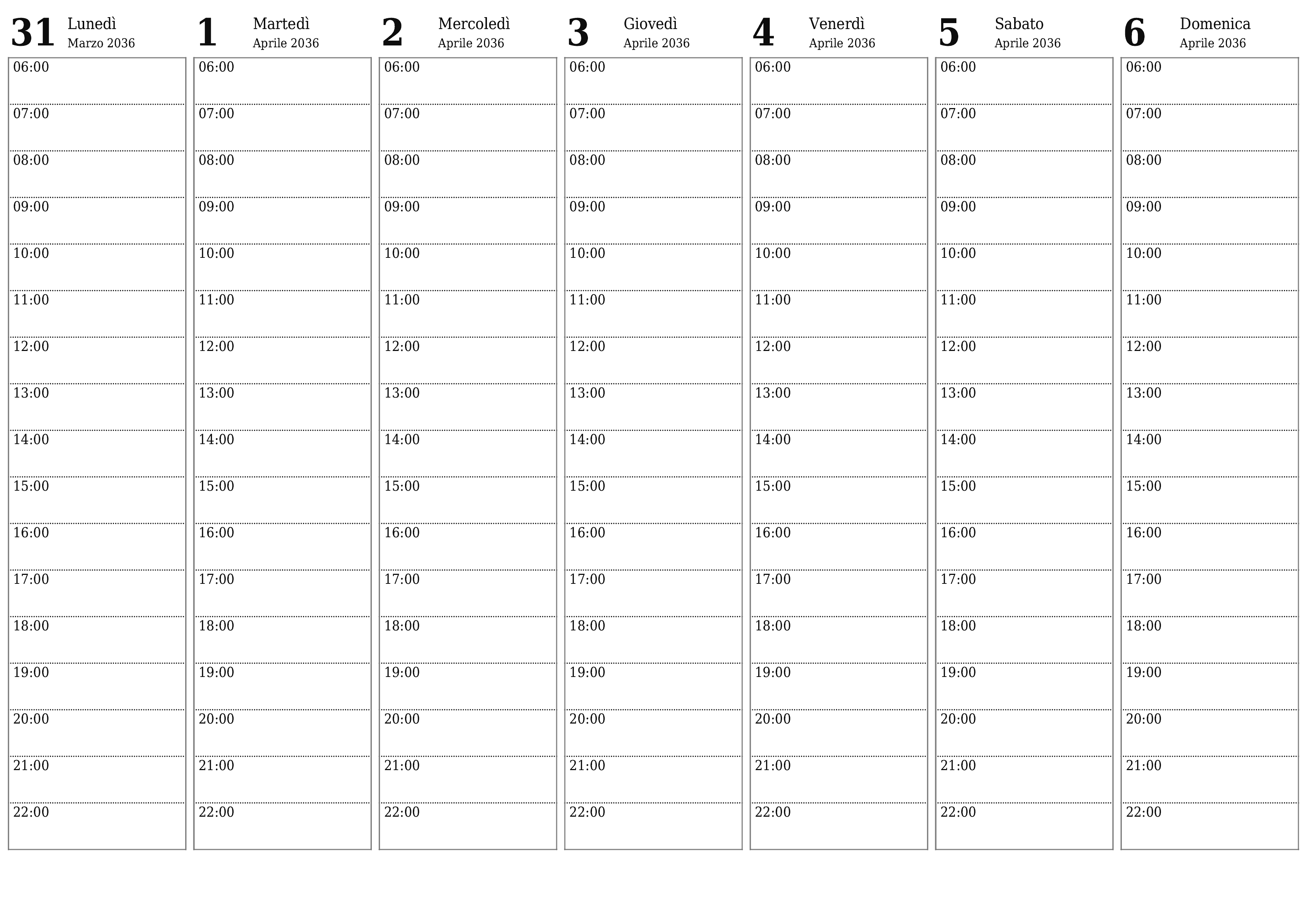 Agenda settimanale vuota per settimane Aprile 2036 con note, salva e stampa in PDF PNG Italian