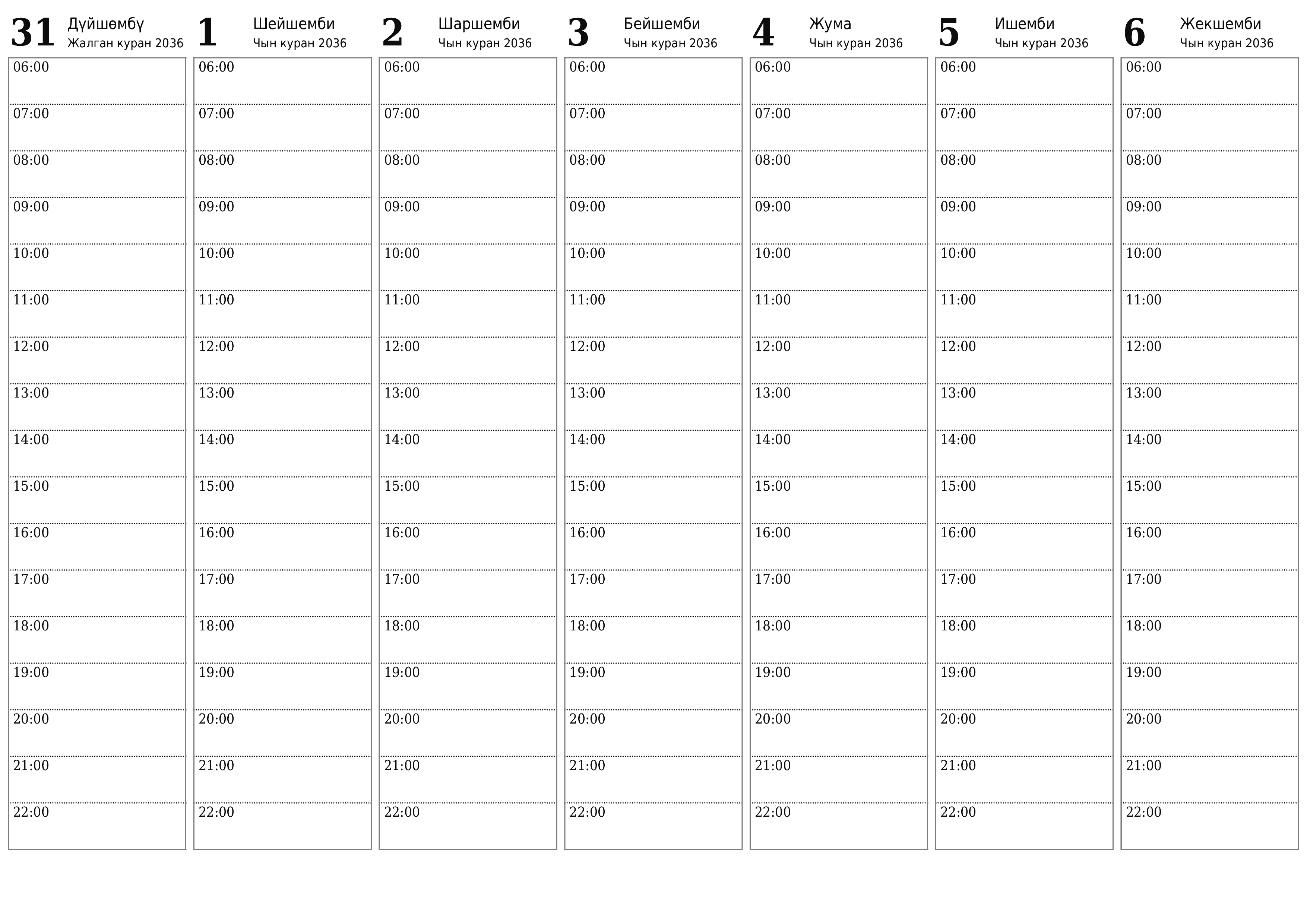 PDF PNG Kyrgyz форматында басып чыгаруу үчүн эскертүүлөр менен Чын куран 2036 үчүн бош жумалык календардык пландоочу
