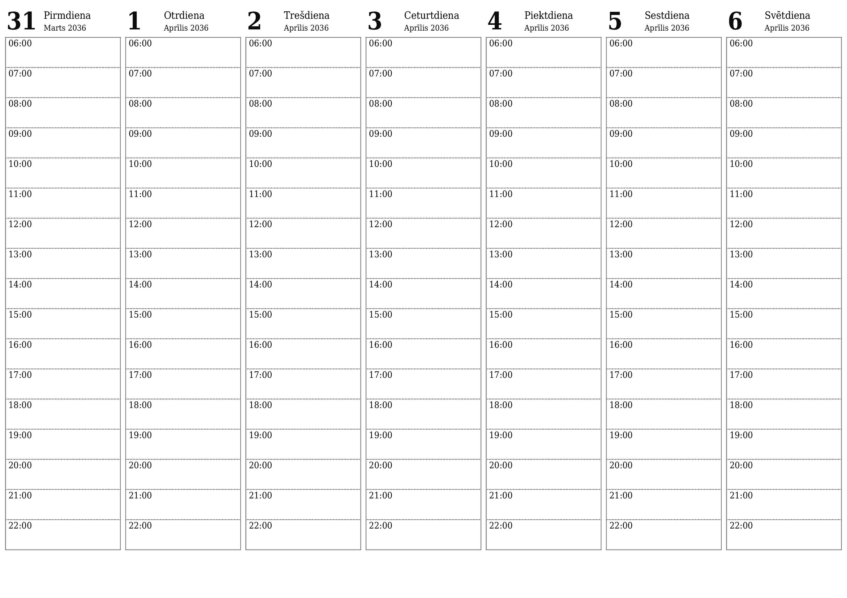 Iztukšojiet nedēļas plānotāju nedēļām Aprīlis 2036 ar piezīmēm, saglabājiet un izdrukājiet PDF formātā PNG Latvian