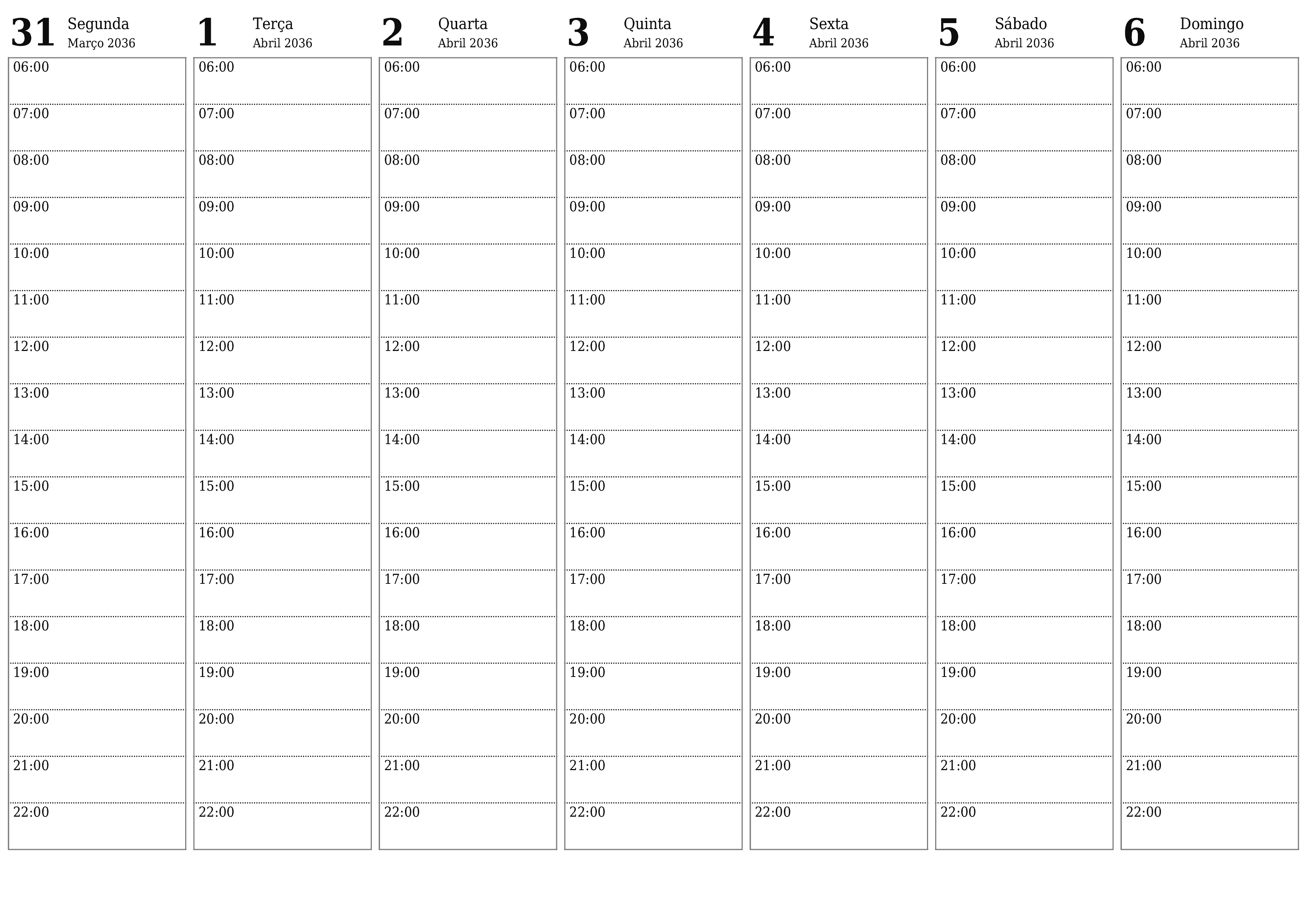 Esvazie o planejador semanal por semanas Abril 2036 com notas, salve e imprima em PDF PNG Portuguese