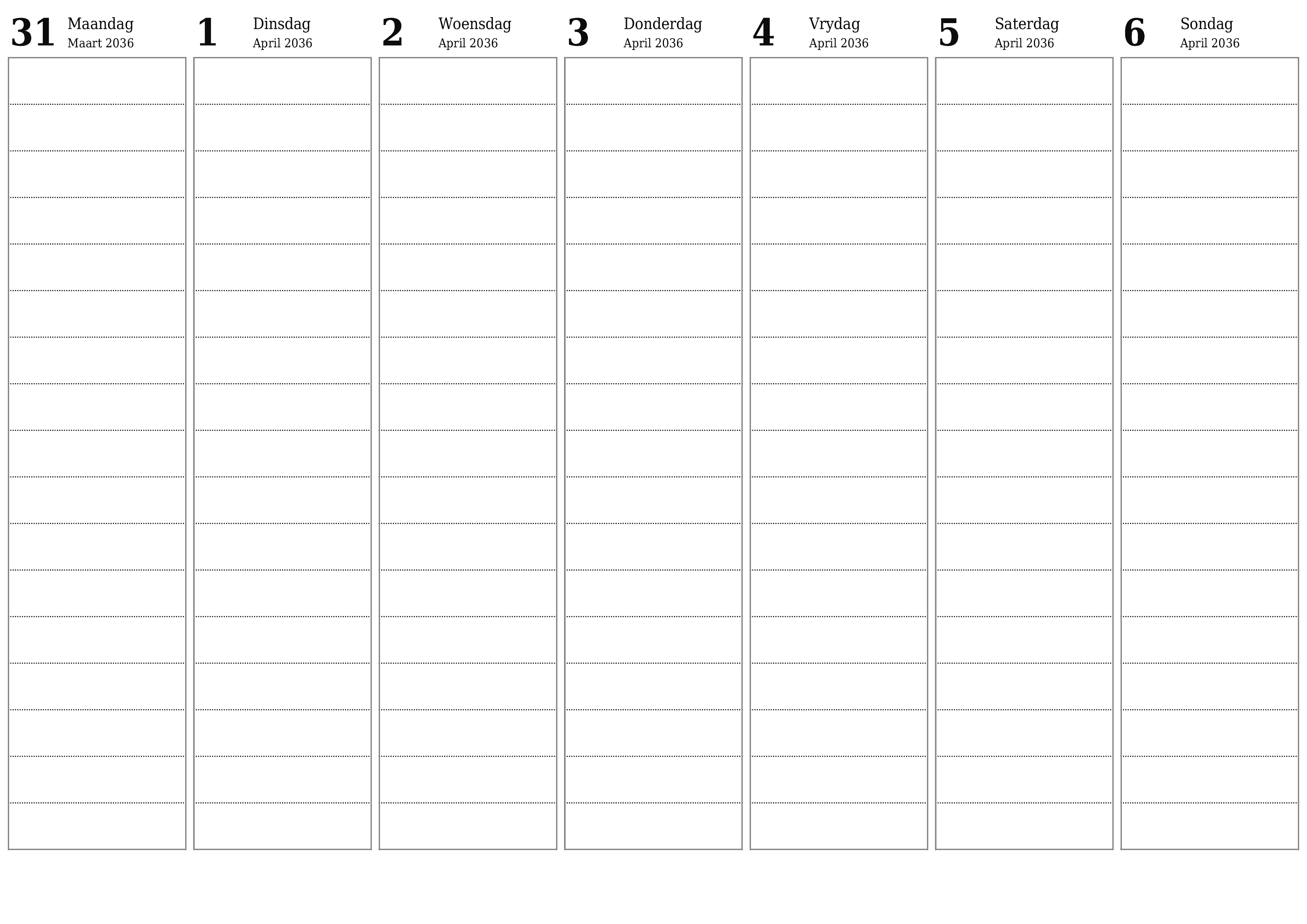Leë weeklikse drukbare kalender en beplanner vir week April 2036 met notas, stoor en druk na PDF PNG Afrikaans