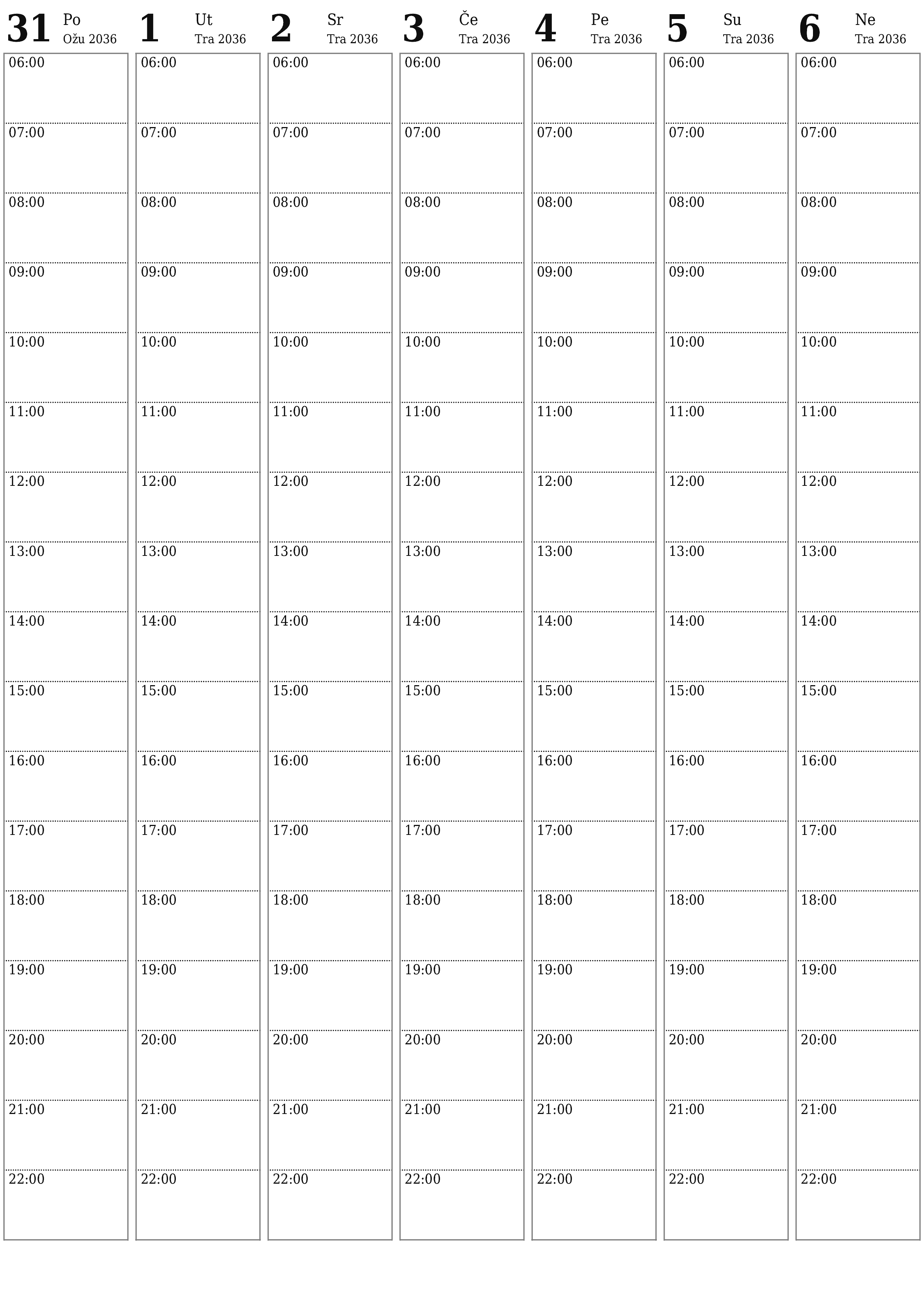  za ispis zidni predložak a besplatni okomito Tjedni planer kalendar Travanj (Tra) 2036