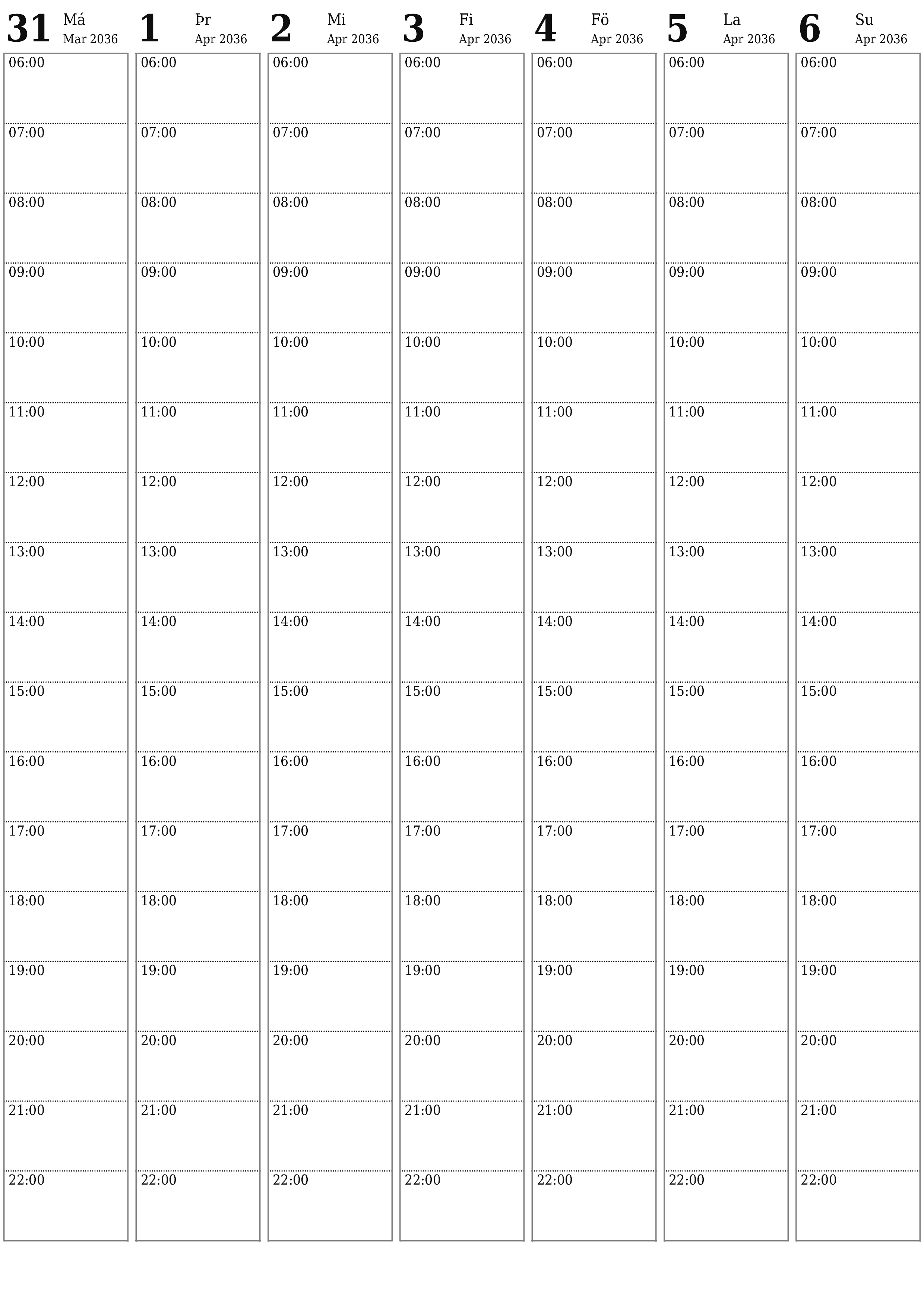 Tómur vikulegur skipuleggjandi vikum saman Apríl 2036 með athugasemdum, vistaðu og prentaðu á PDF PNG Icelandic