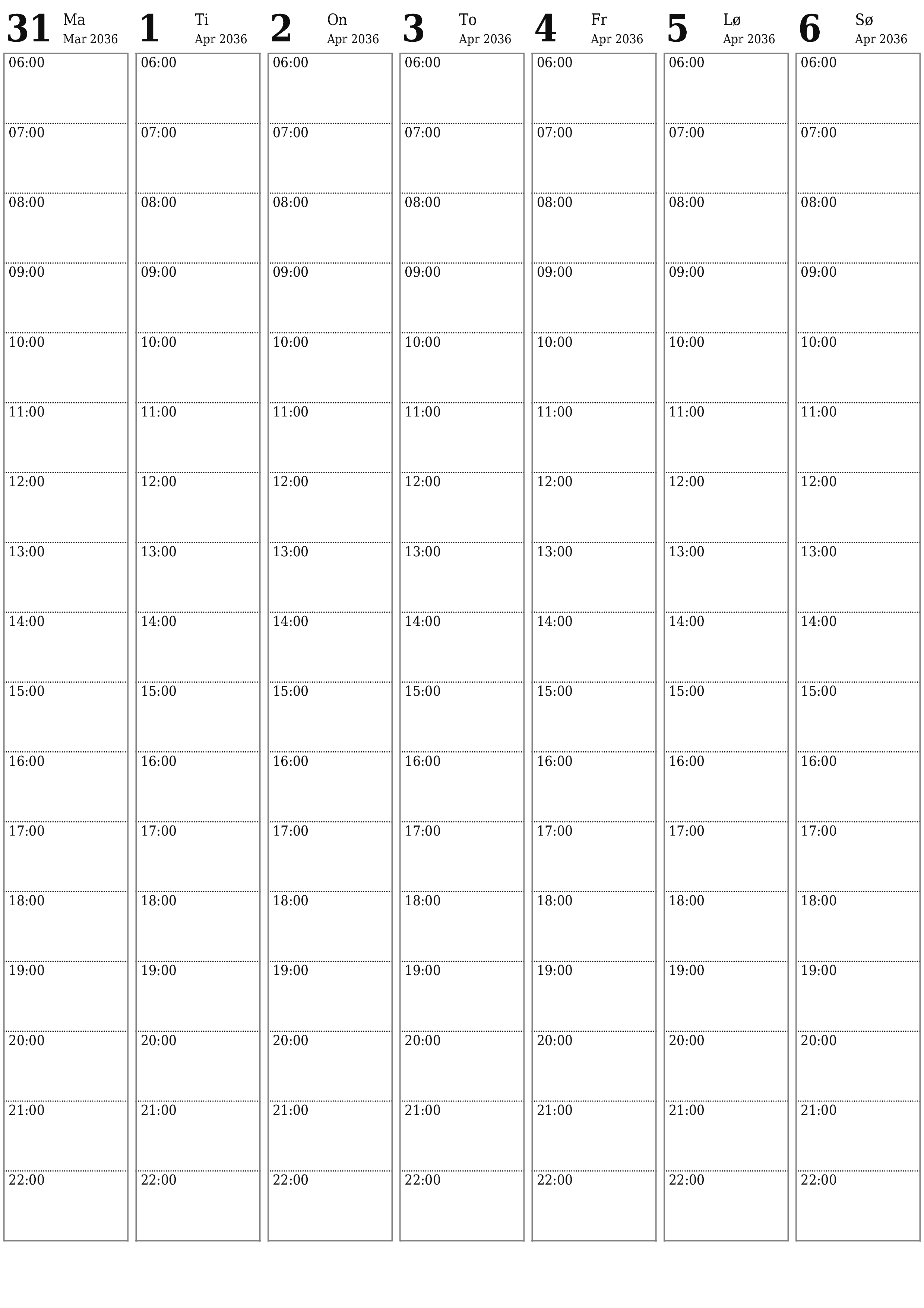 utskrivbar vegg mal gratis vertikal Ukentlig planlegger kalender April (Apr) 2036