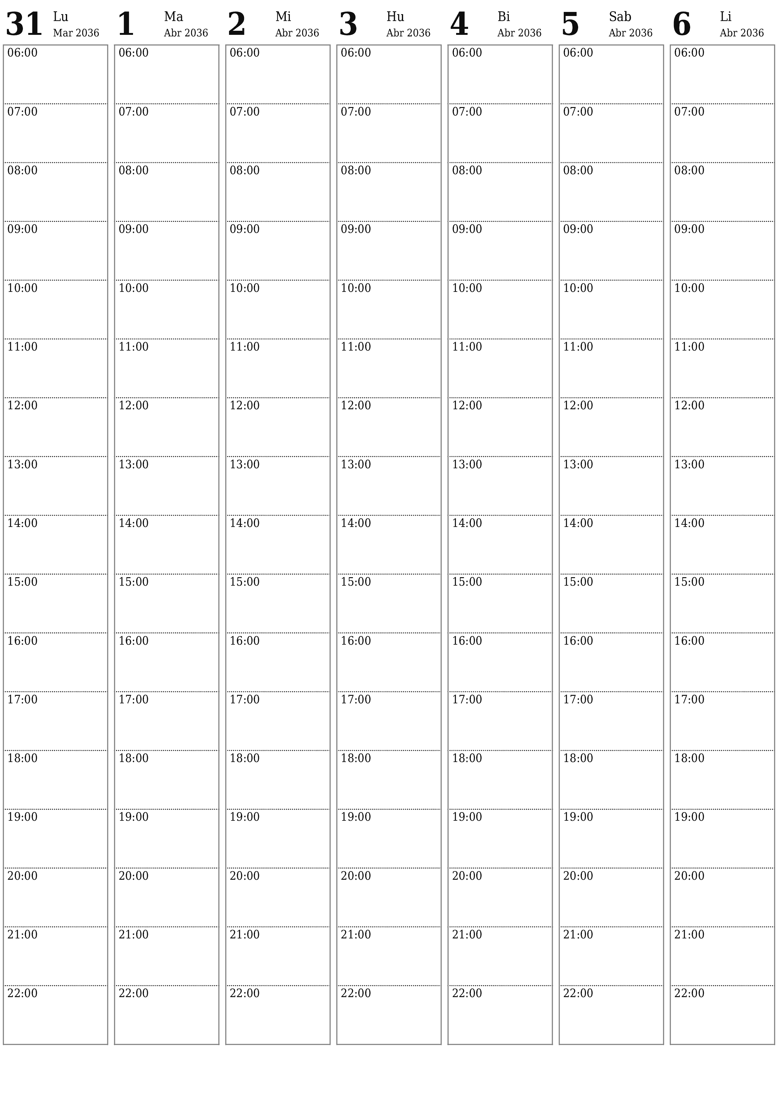 napi-print na sa dingding template ng libreng patayo Lingguhan tagaplano kalendaryo Abril (Abr) 2036