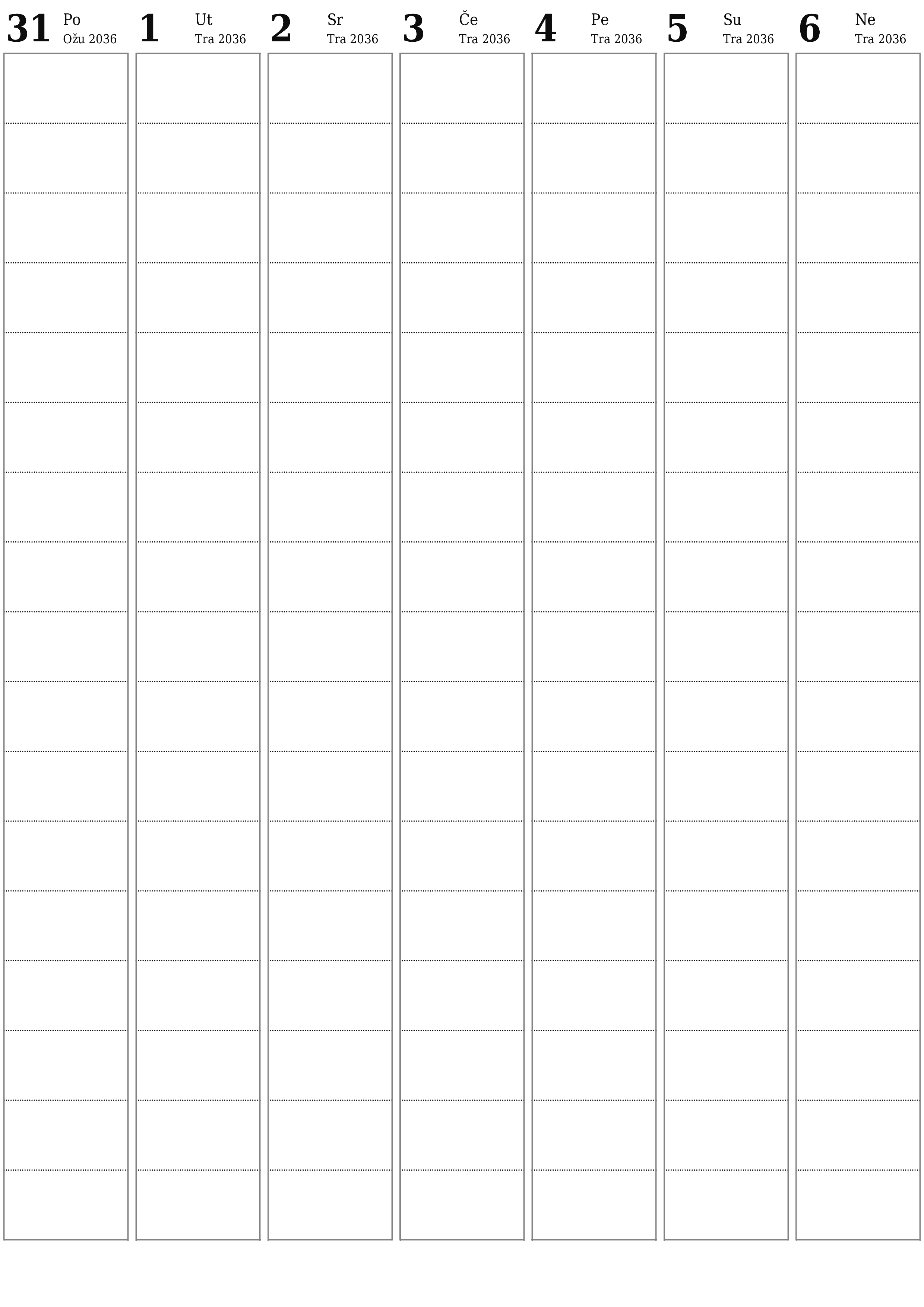  za ispis zidni predložak a besplatni okomito Tjedni planer kalendar Travanj (Tra) 2036