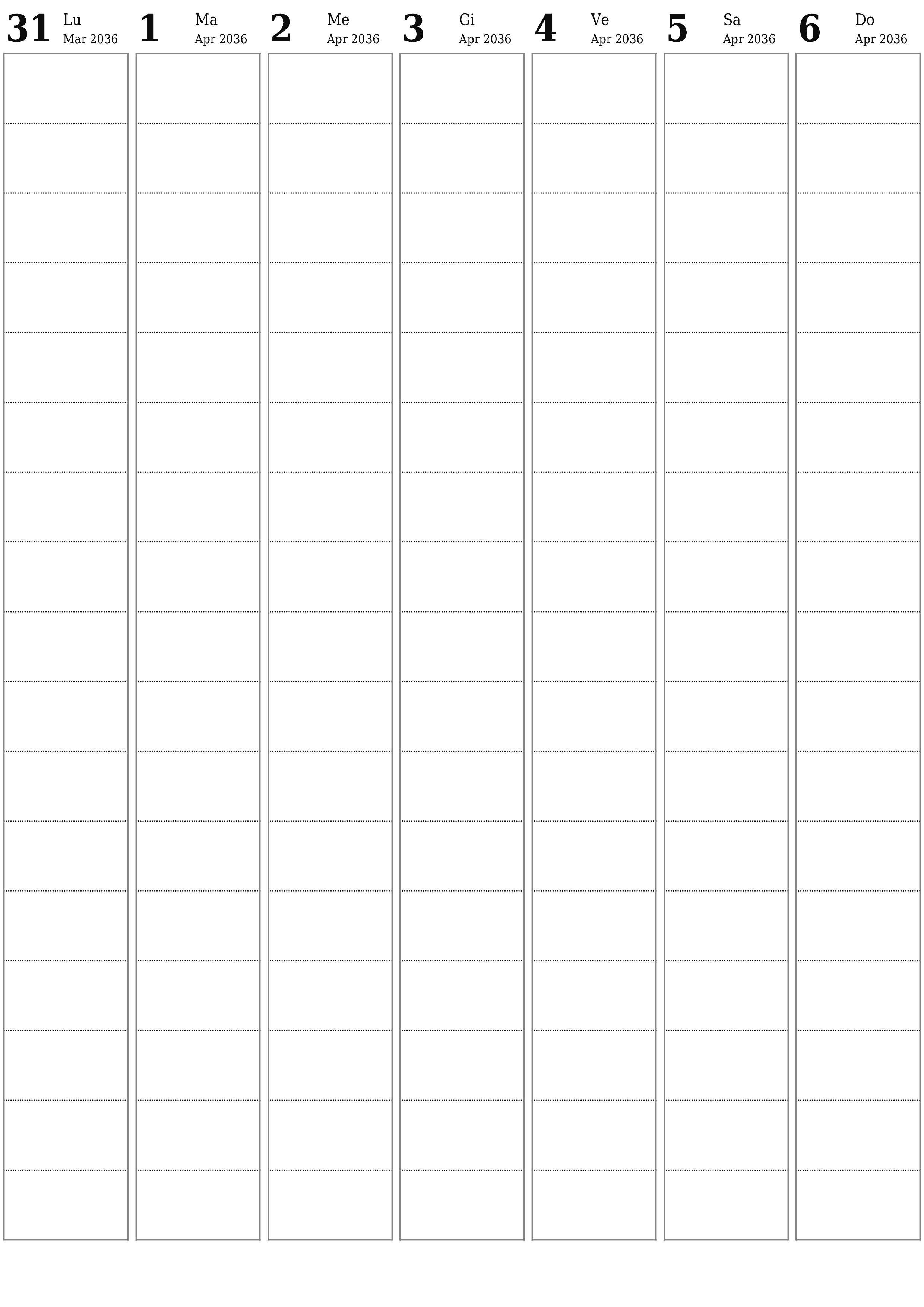  stampabile da parete modello di gratuitoverticale Settimanale pianificatore calendario Aprile (Apr) 2036
