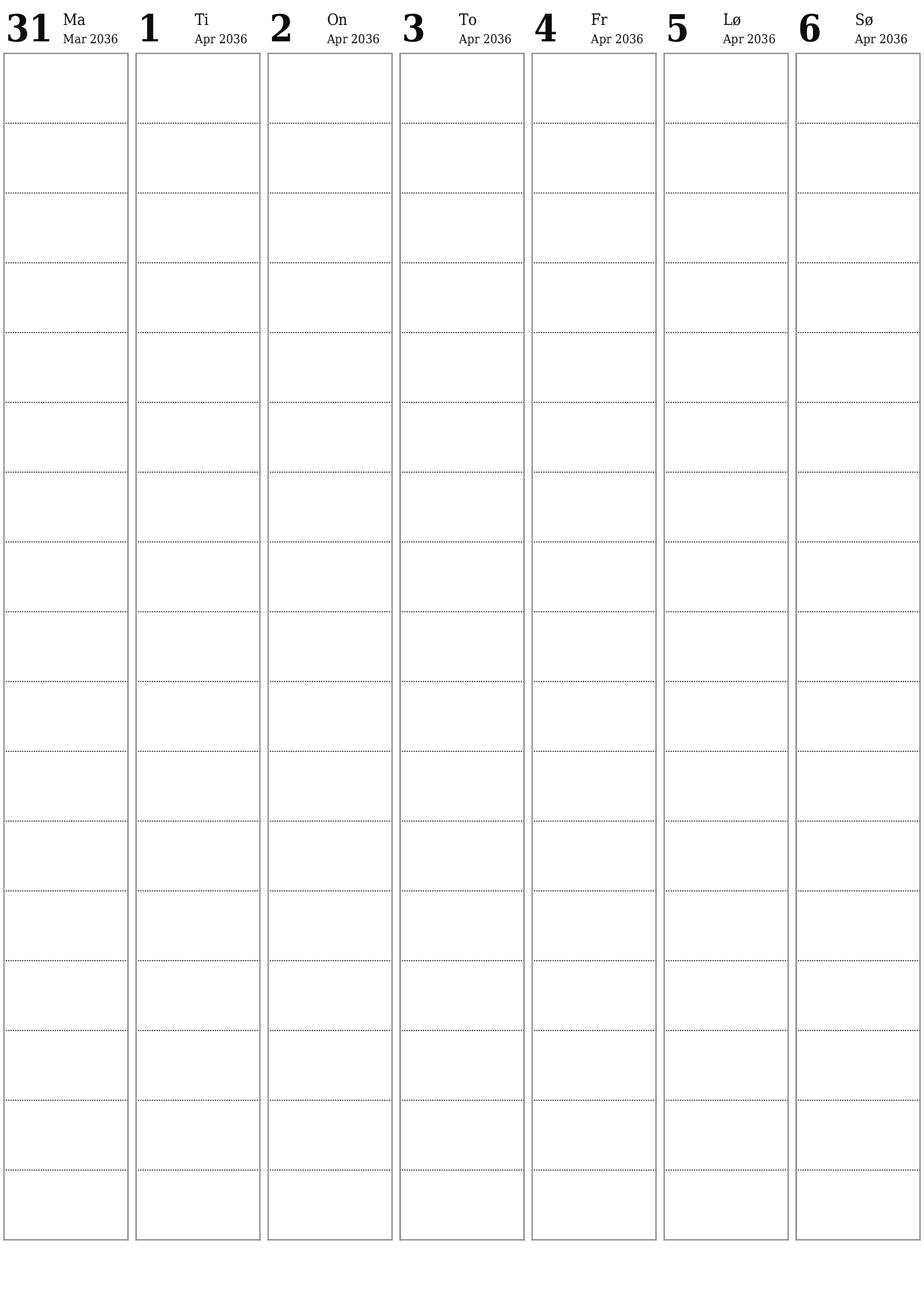 utskrivbar vegg mal gratis vertikal Ukentlig planlegger kalender April (Apr) 2036