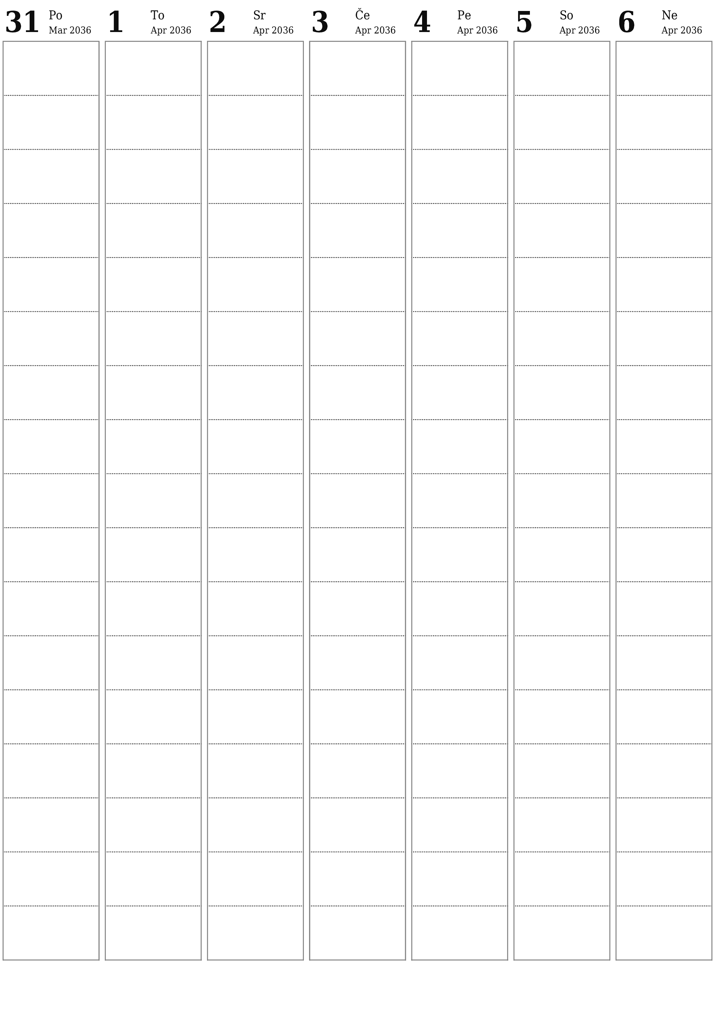 Prazen tedenski koledarski načrtovalec za tedne April 2036 z opombami za tiskanje v PDF PNG Slovenian